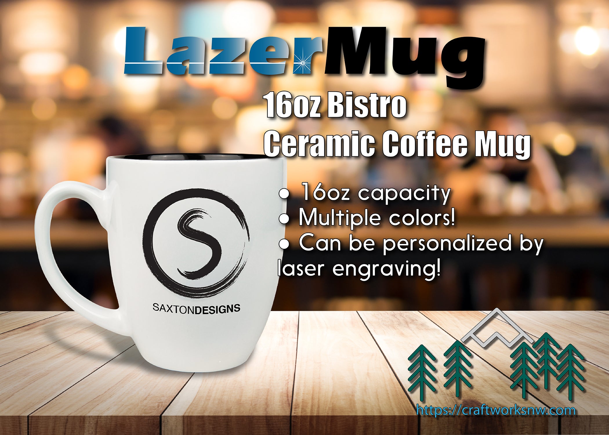 Ceramic Bistro Coffee Mug 16oz, Laser Engraved
