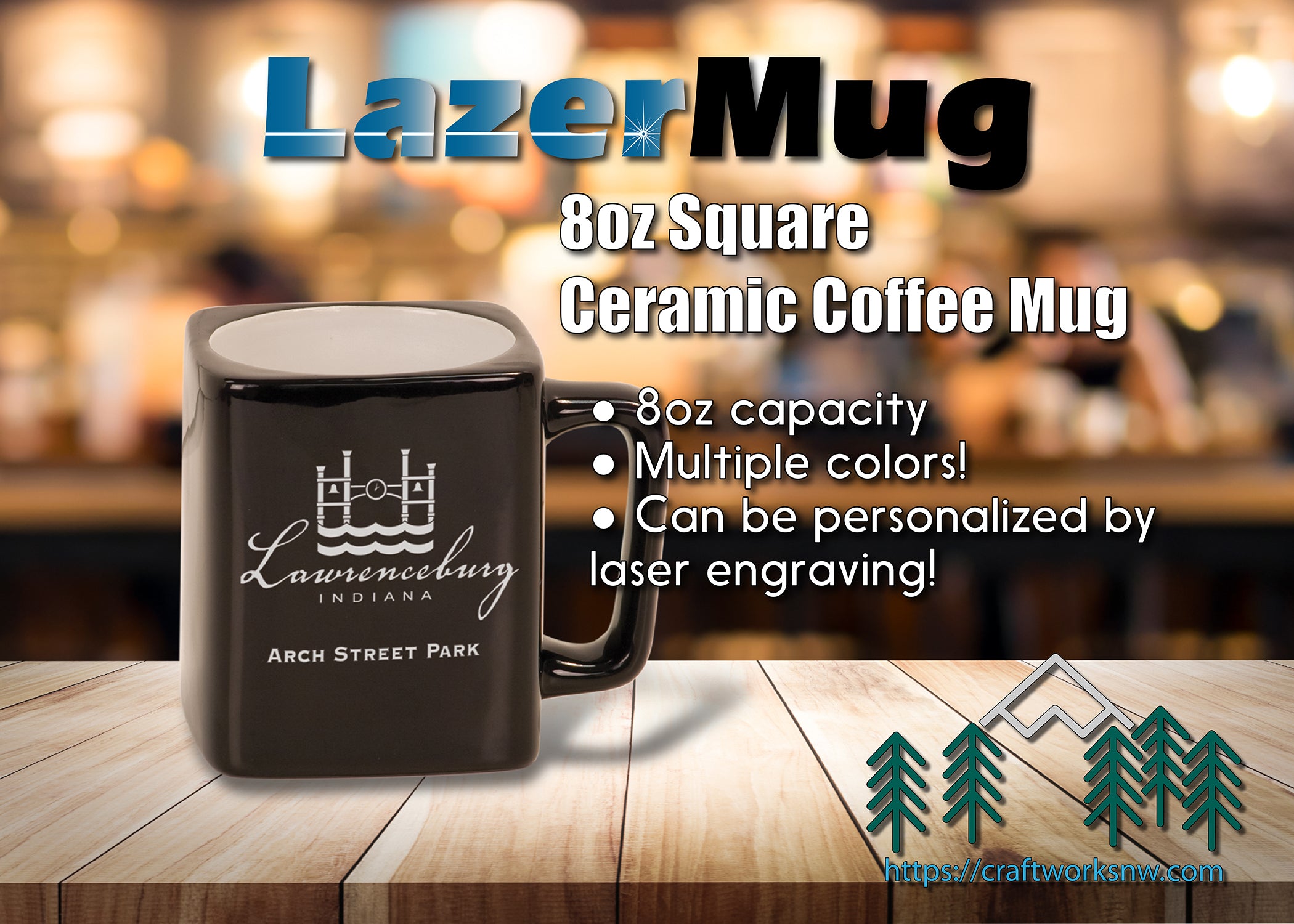 Ceramic Square Coffee Mug 8 oz, Laser Engraved