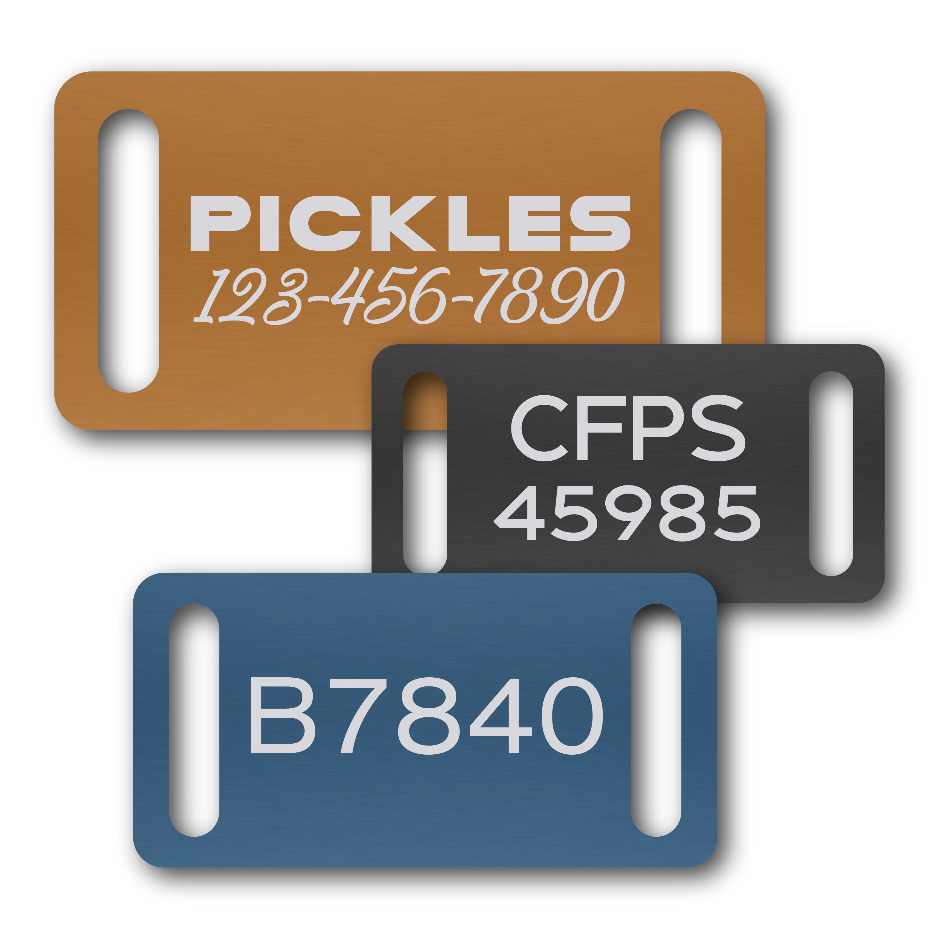 Anodized Aluminum Rectangle Slide-On Tags, 7/8 x 1-3/4 with 5/32 x