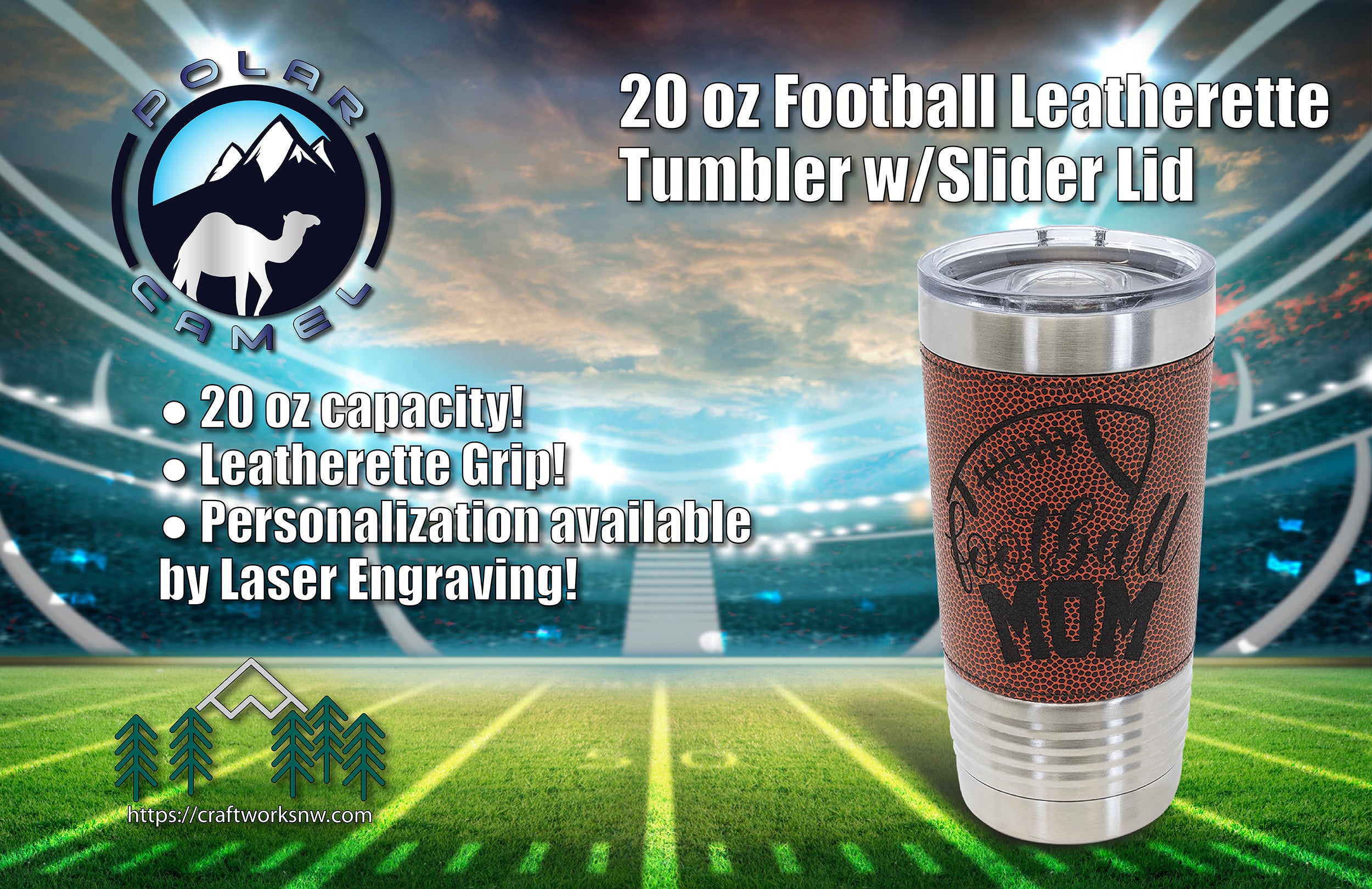 Football Polar Camel 20oz Laserable Leatherette Travel Mug - Craftworks NW, LLC