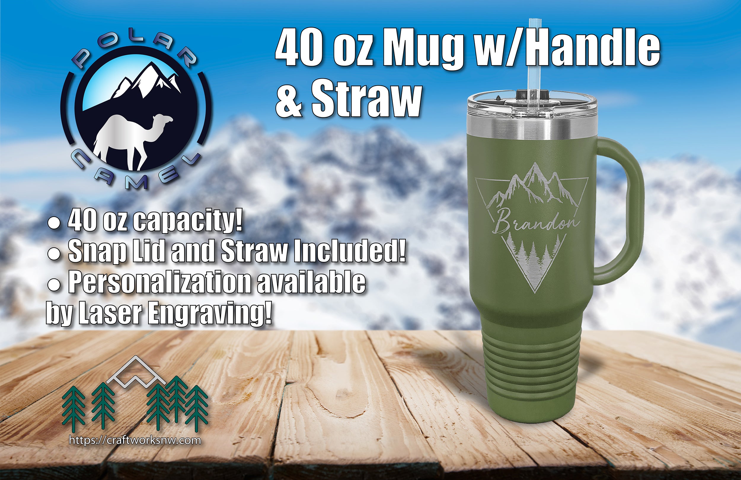 Polar Camel 40oz Travel Mug w/Handle & Straw - Craftworks NW, LLC