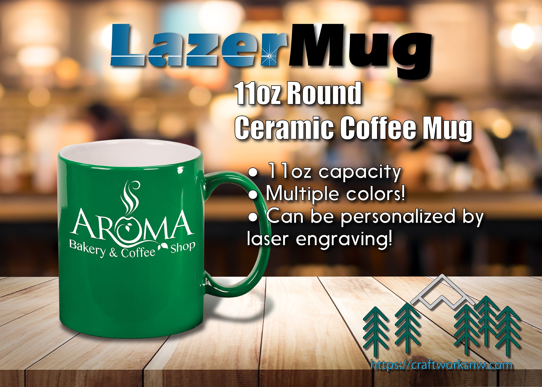 Ceramic Round Coffee Mug 11oz, Laser Engraved - Craftworks NW, LLC