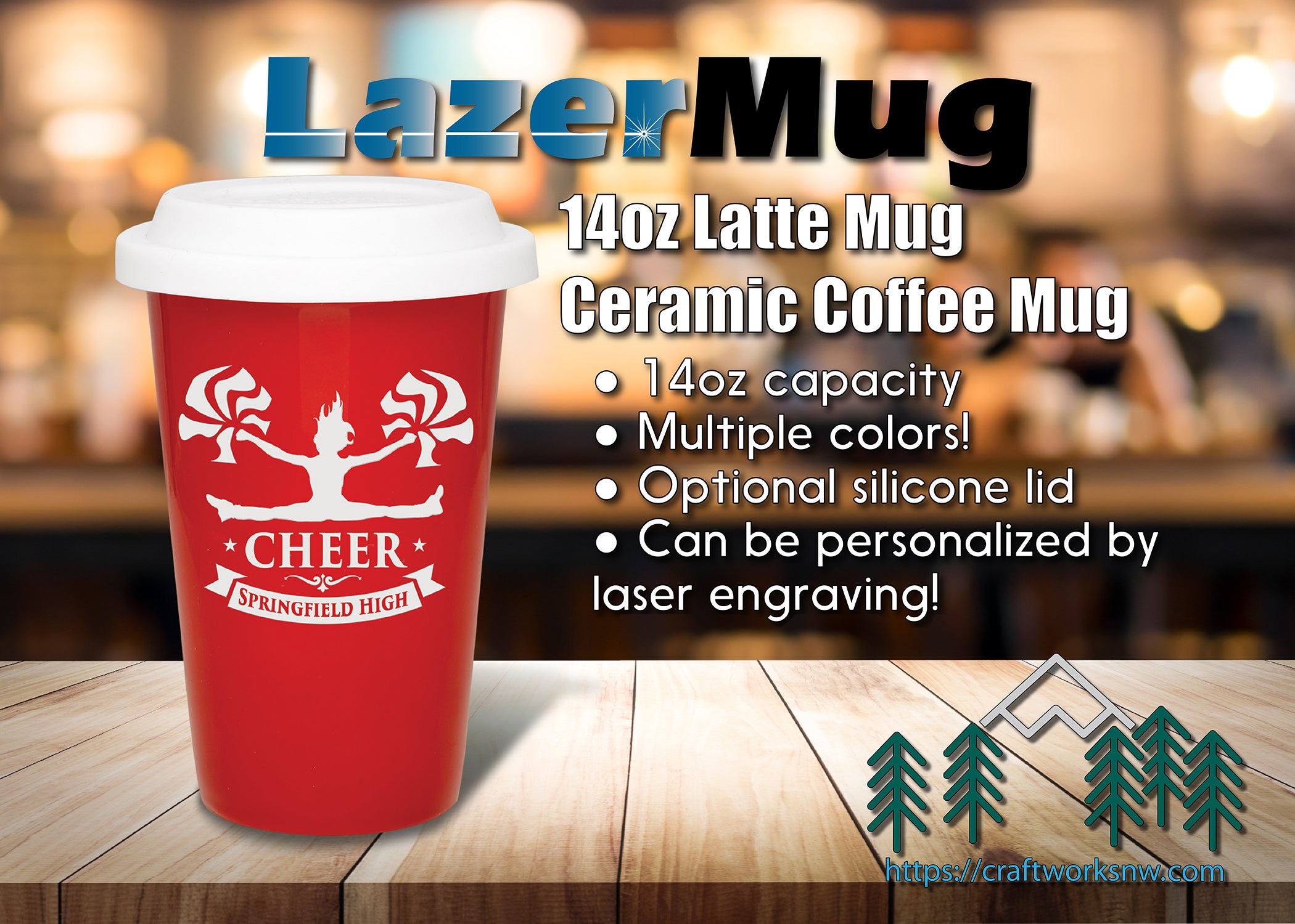 Ceramic Latte Mug 14oz, Laser Engraved - Craftworks NW, LLC