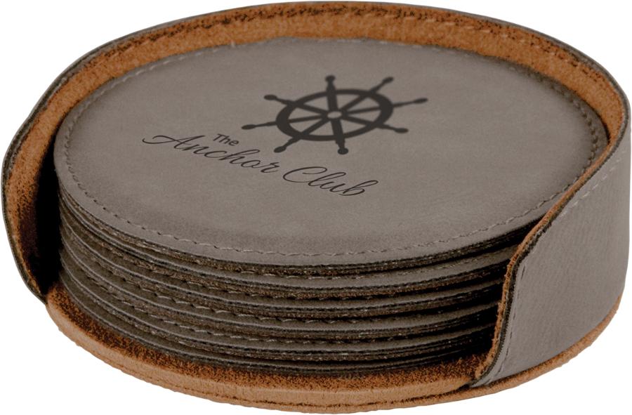 Round Drink Coaster Set w/Holder, 4" Laserable Leatherette - Craftworks NW, LLC