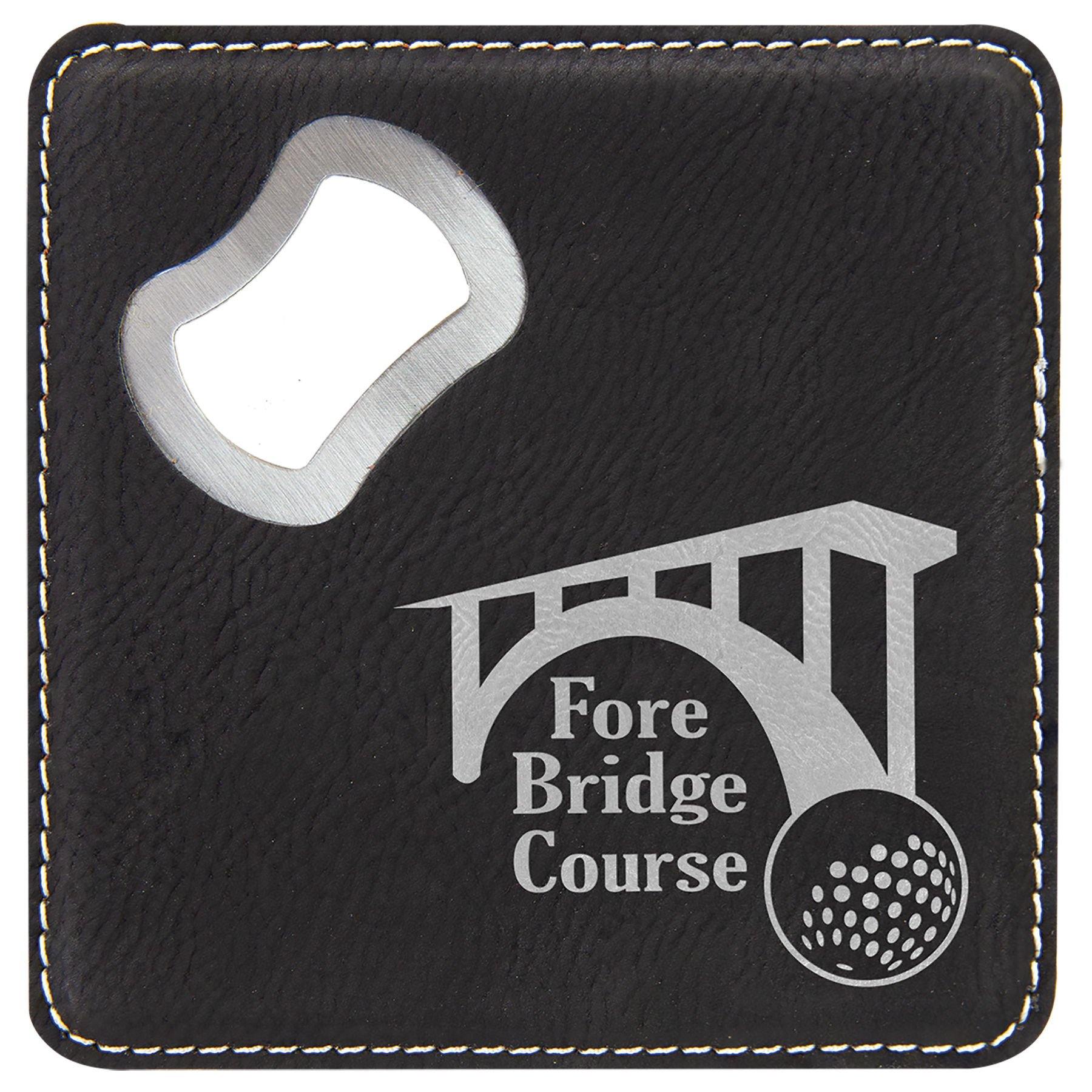 Square Drink Coaster w/Opener, 4" x 4" Laserable Leatherette - Craftworks NW, LLC