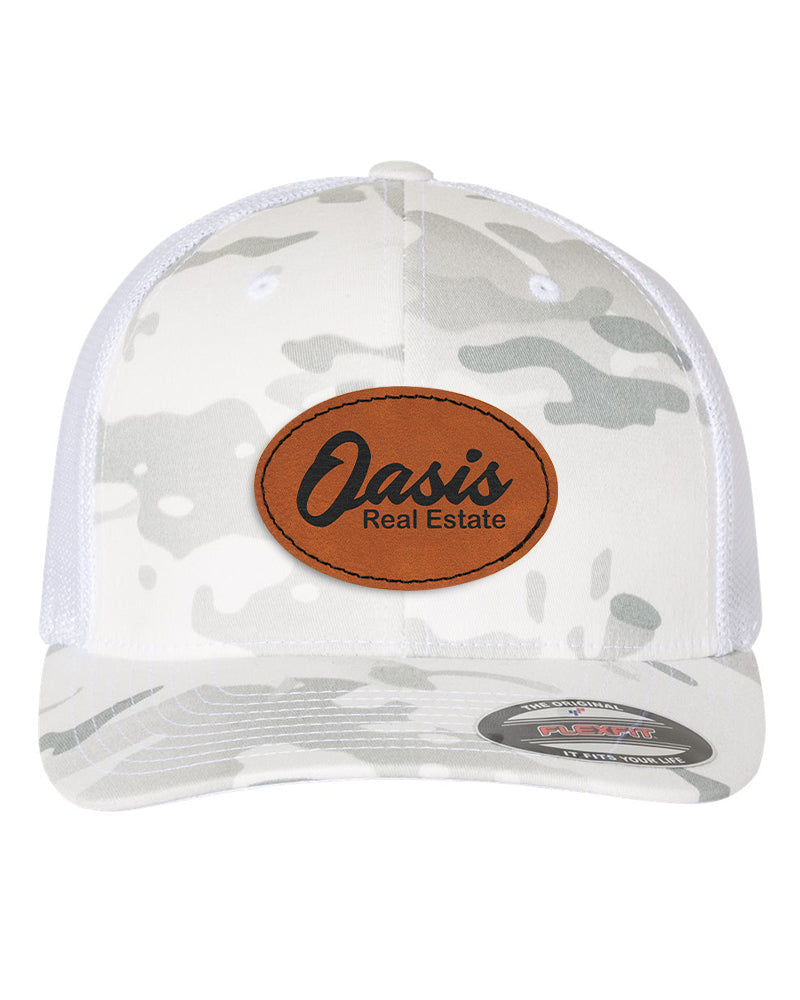 Flexfit Trucker Mesh Hat w/Oval Leatherette Patch, 3.0" x 2.0", Multicam, OSFA - Craftworks NW, LLC