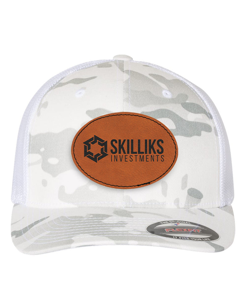 Flexfit Trucker Mesh Hat w/Oval Leatherette Patch, 3.5" x 2.5", Multicam, OSFA - Craftworks NW, LLC