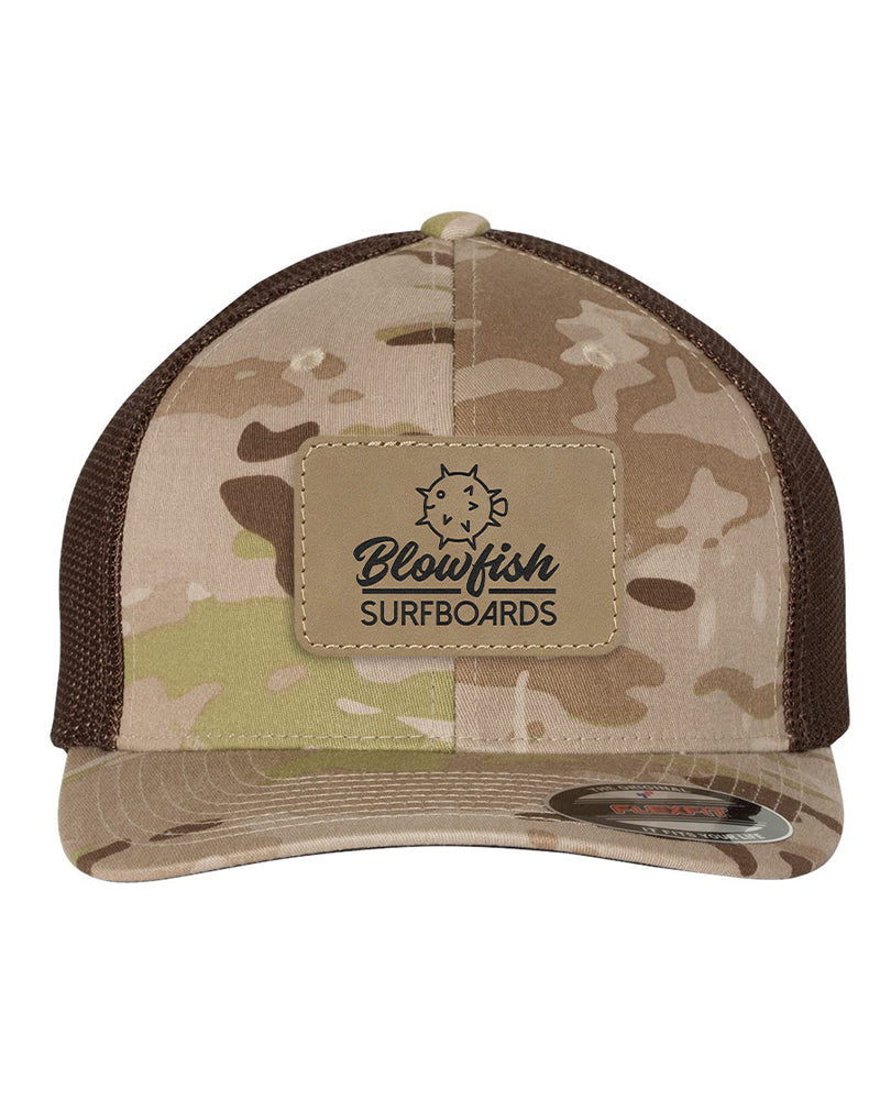 Flexfit Trucker Mesh Hat w/Rectangle Leatherette Patch, 3.0" x 2.0", Multicam, OSFA - Craftworks NW, LLC