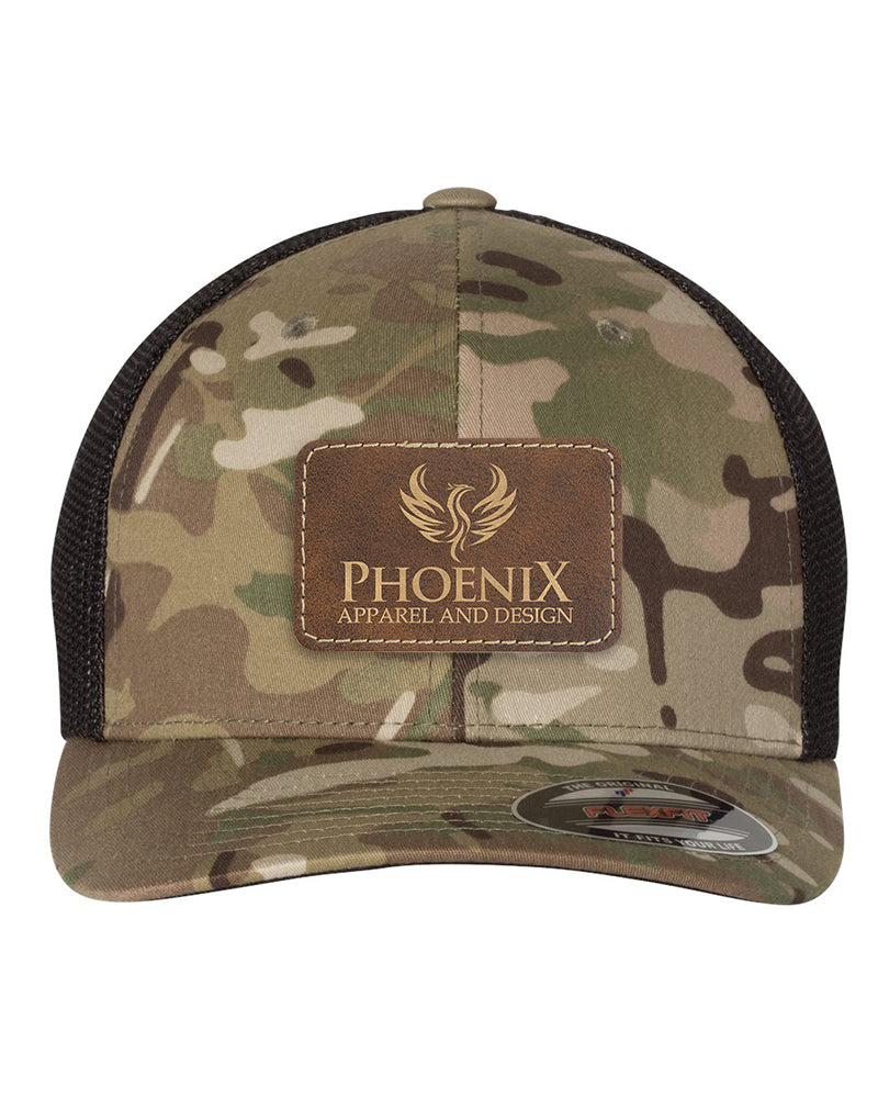 Flexfit Trucker Mesh Hat w/Rectangle Leatherette Patch, 3.0" x 2.0", Multicam, OSFA - Craftworks NW, LLC