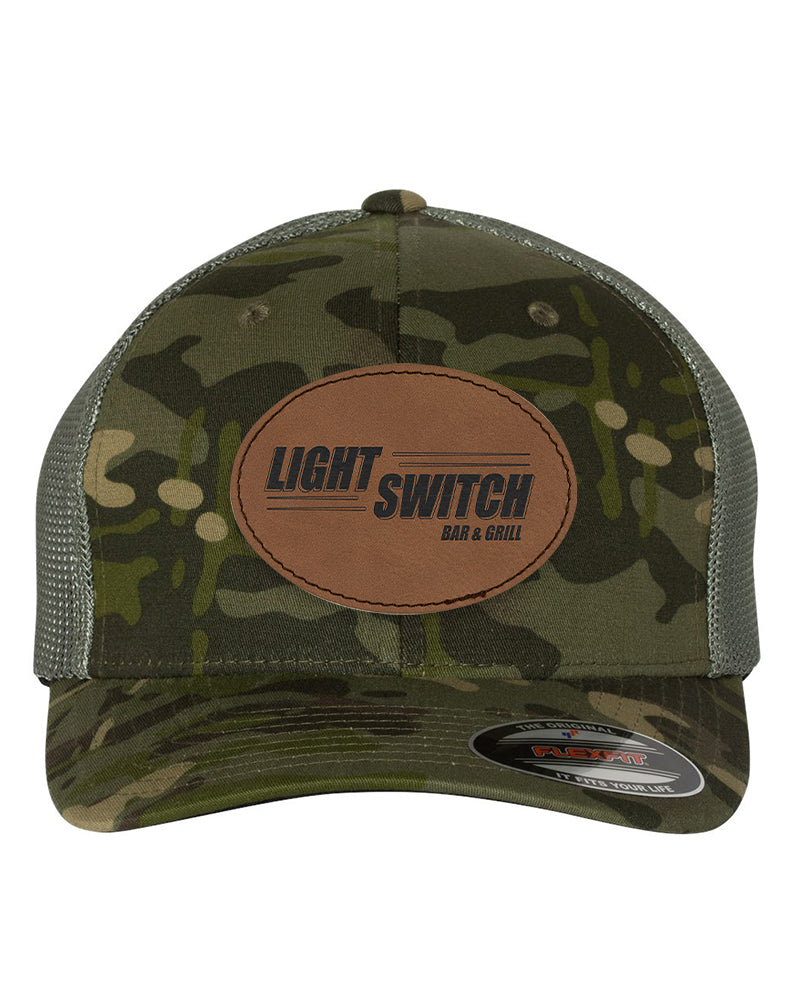 Flexfit Trucker Mesh Hat w/Oval Leatherette Patch, 3.5" x 2.5", Multicam, OSFA - Craftworks NW, LLC