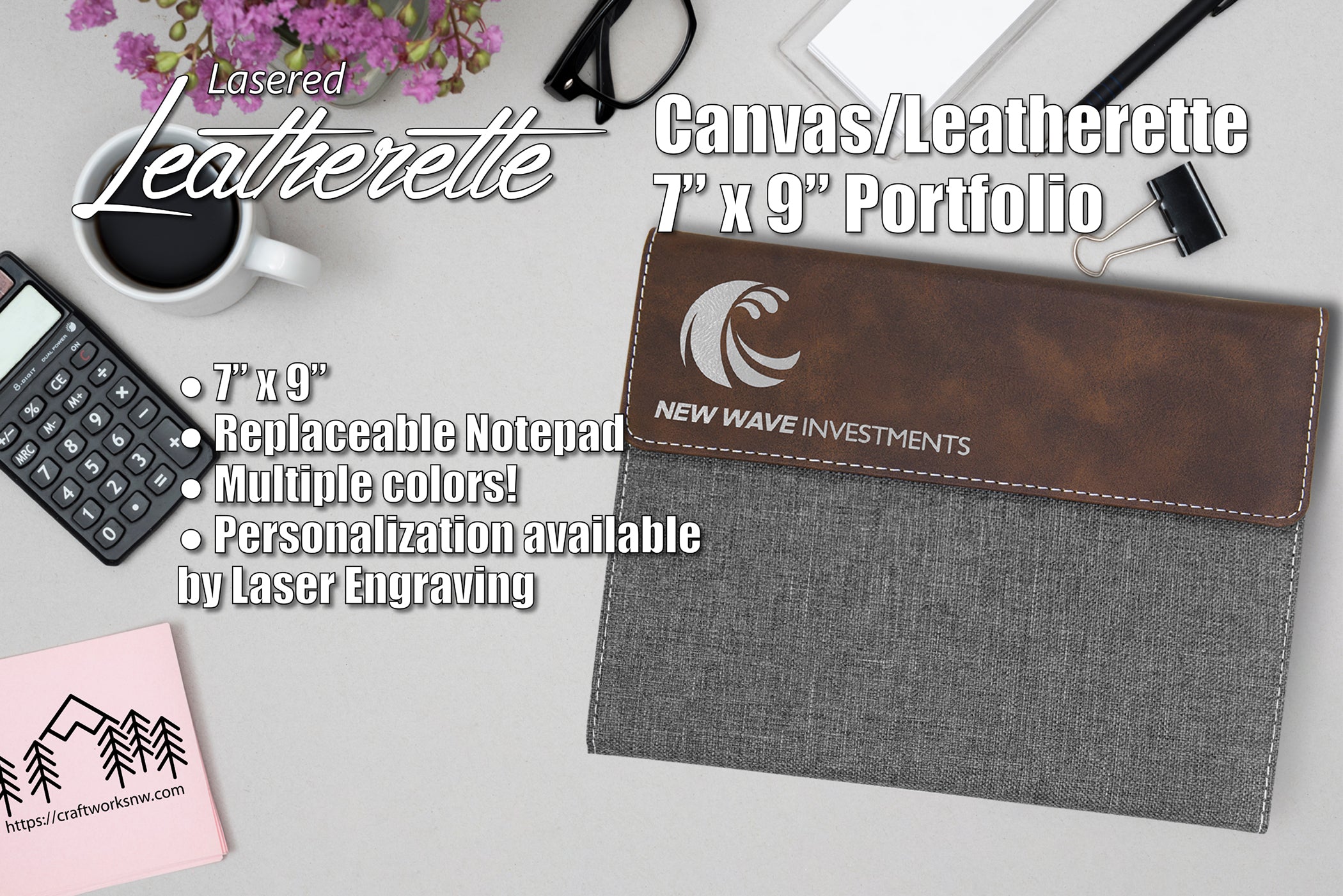 Canvas & Laserable Leatherette Portfolio/Padfolio w/Notepad, 7" x 9", Laser Engraved - Craftworks NW, LLC