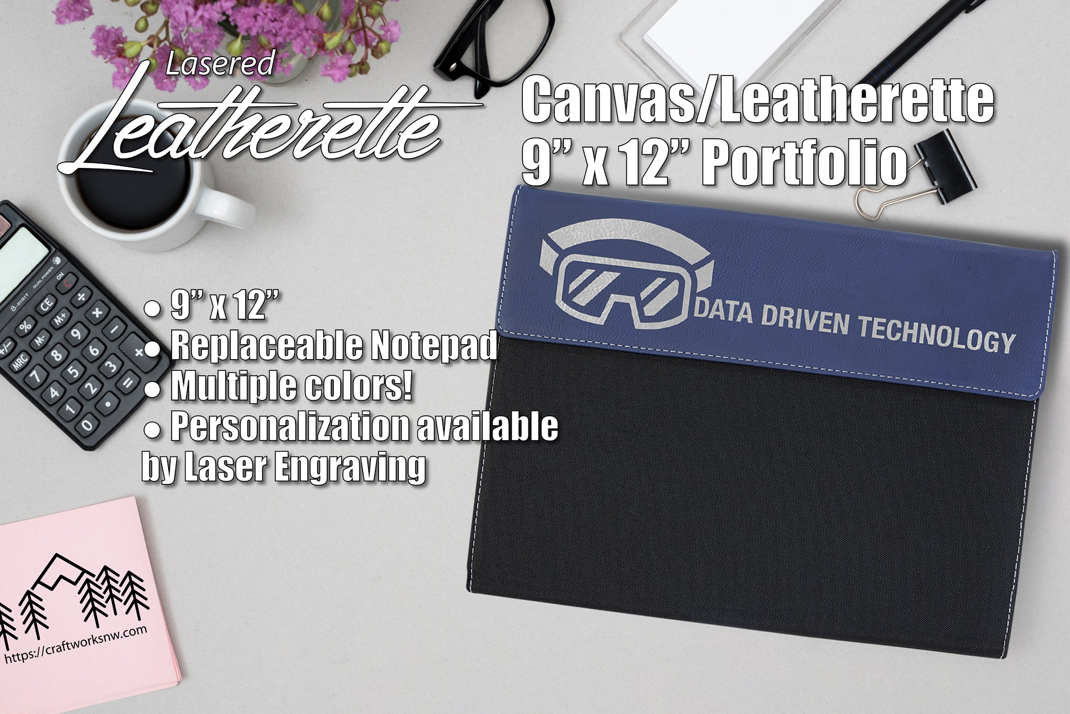 Canvas & Laserable Leatherette Portfolio/Padfolio w/Notepad, 9 1/2" x 12", Laser Engraved - Craftworks NW, LLC