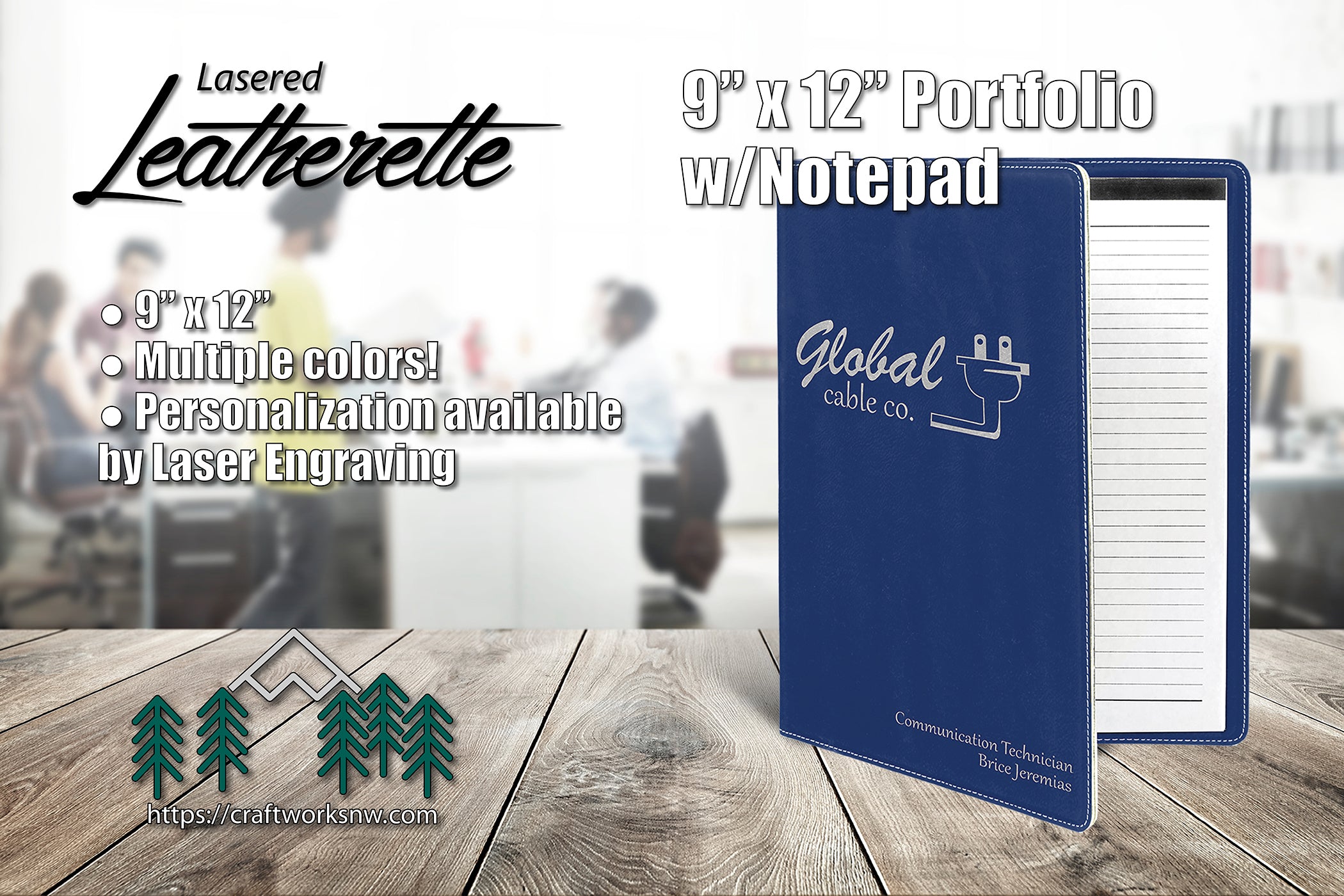 Portfolio/Padfolio w/Notepad, 9 1/2" x 12" Laserable Leatherette, Laser Engraved - Craftworks NW, LLC