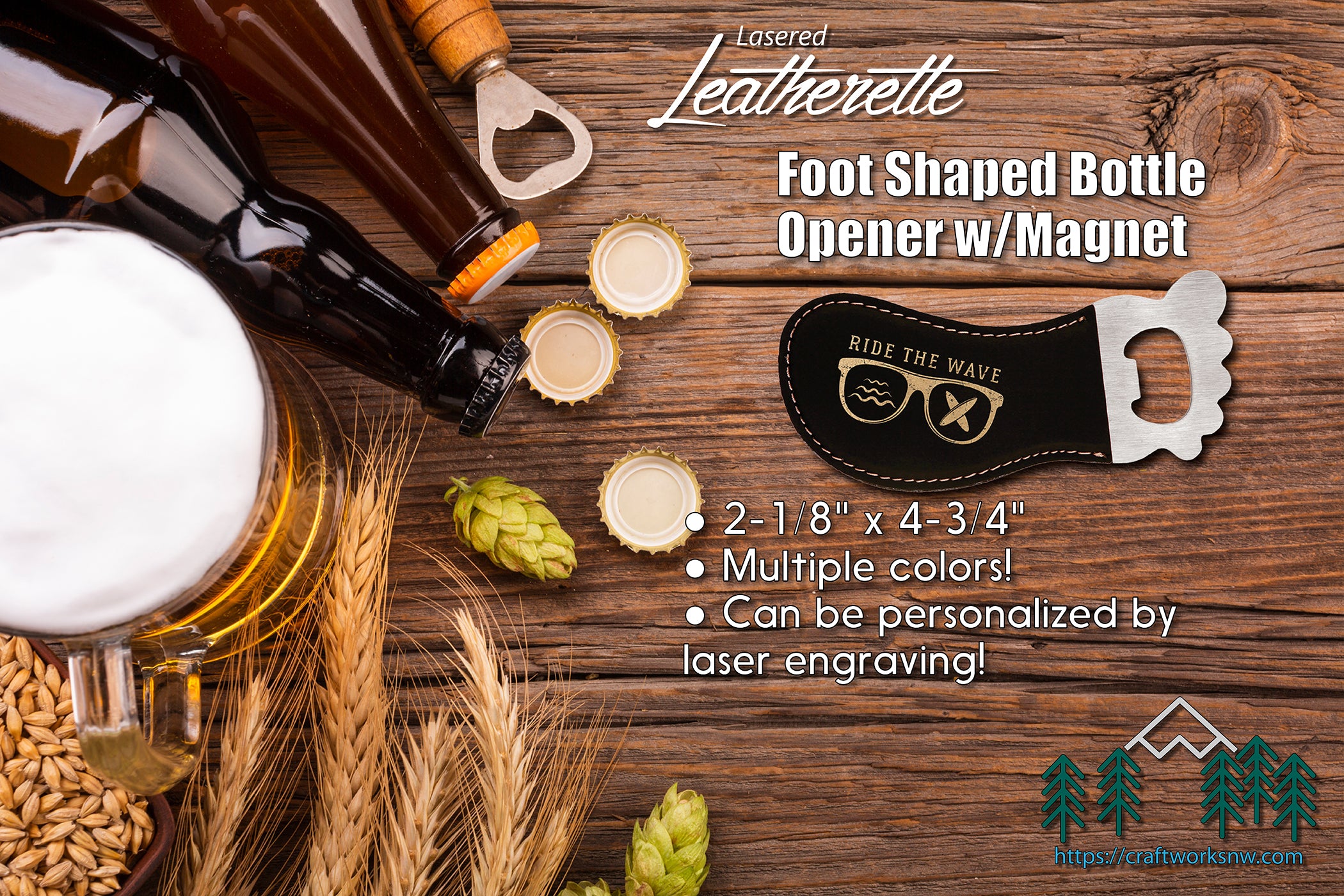 Foot Shaped Bottle Opener w/Magnet, Stainless Steel 2 1/8" x 4 3/4" Laserable Leatherette, Laser Engraved - Craftworks NW, LLC