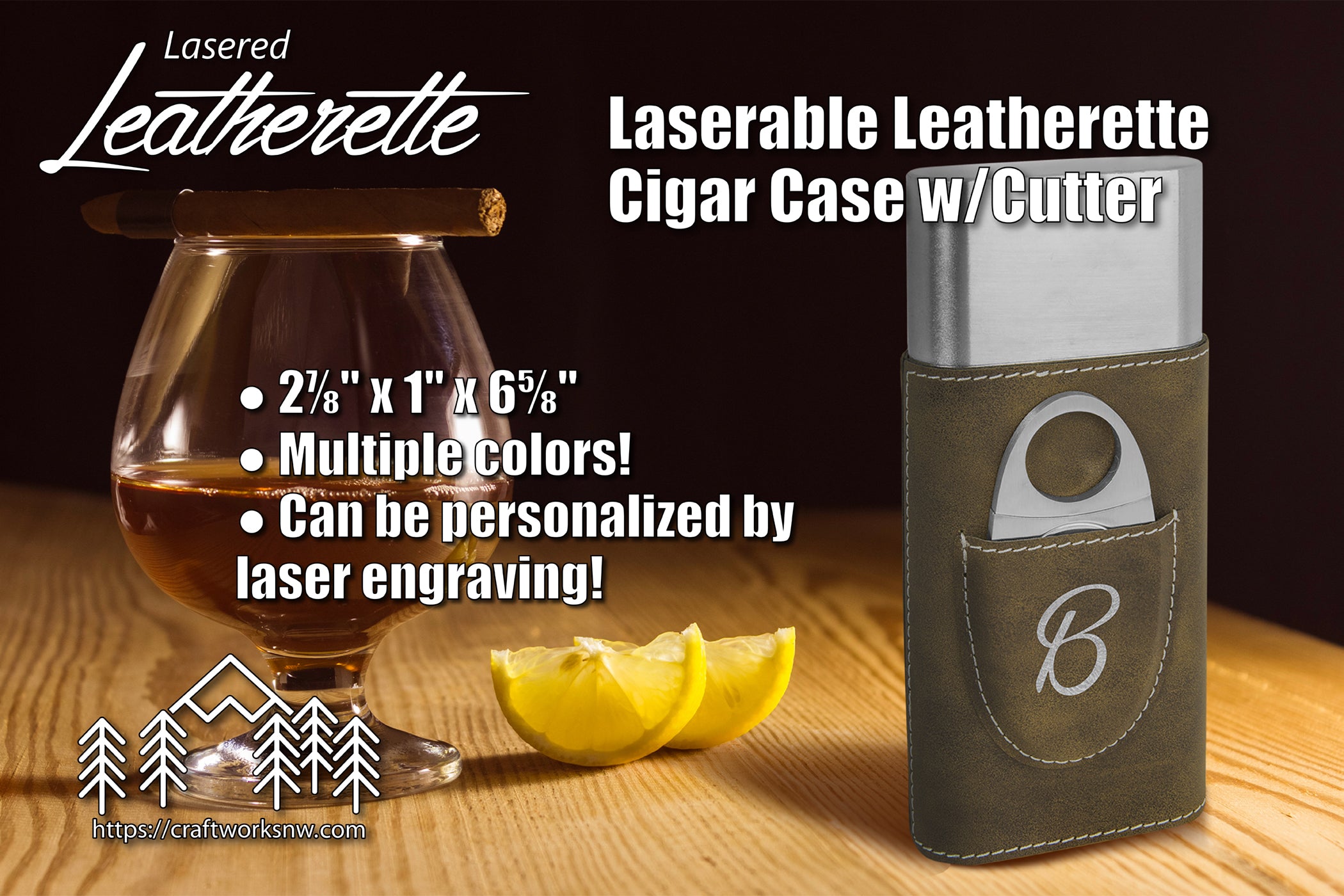 Cigar Case w/Cutter, Laserable Leatherette, Laser Engraved - Craftworks NW, LLC