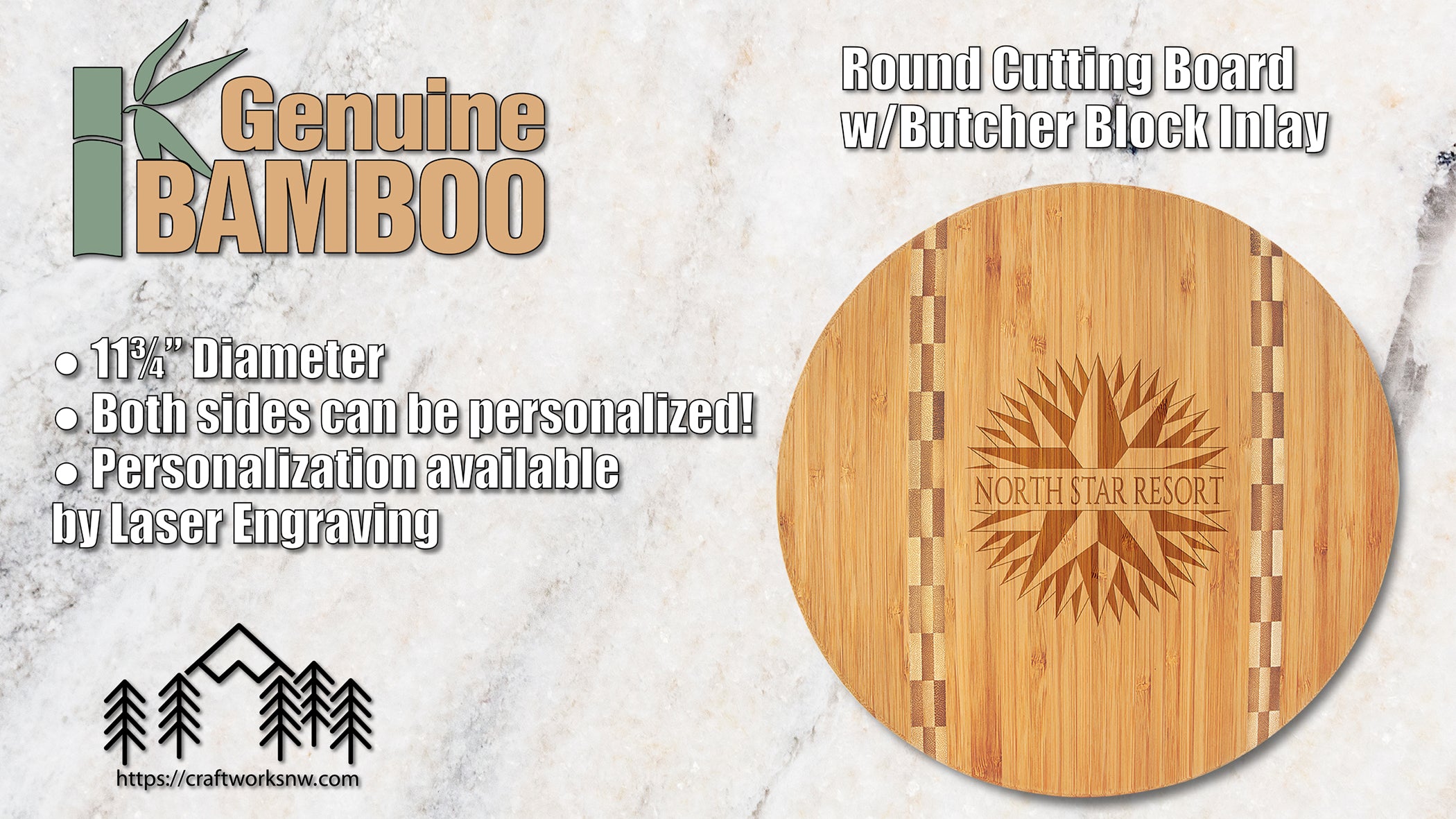 Round Cutting Board w/Butcher Block Inlay, Bamboo, 11 3/4", Laser Engraved - Craftworks NW, LLC