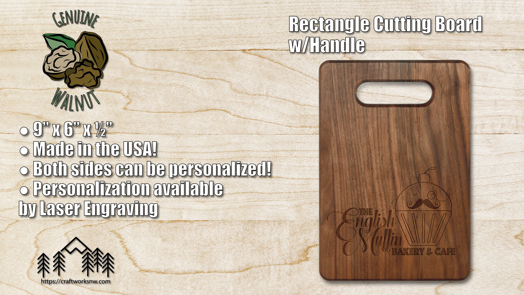 Walnut Cutting Board, 9" x 6", Laser Engraved - Craftworks NW, LLC