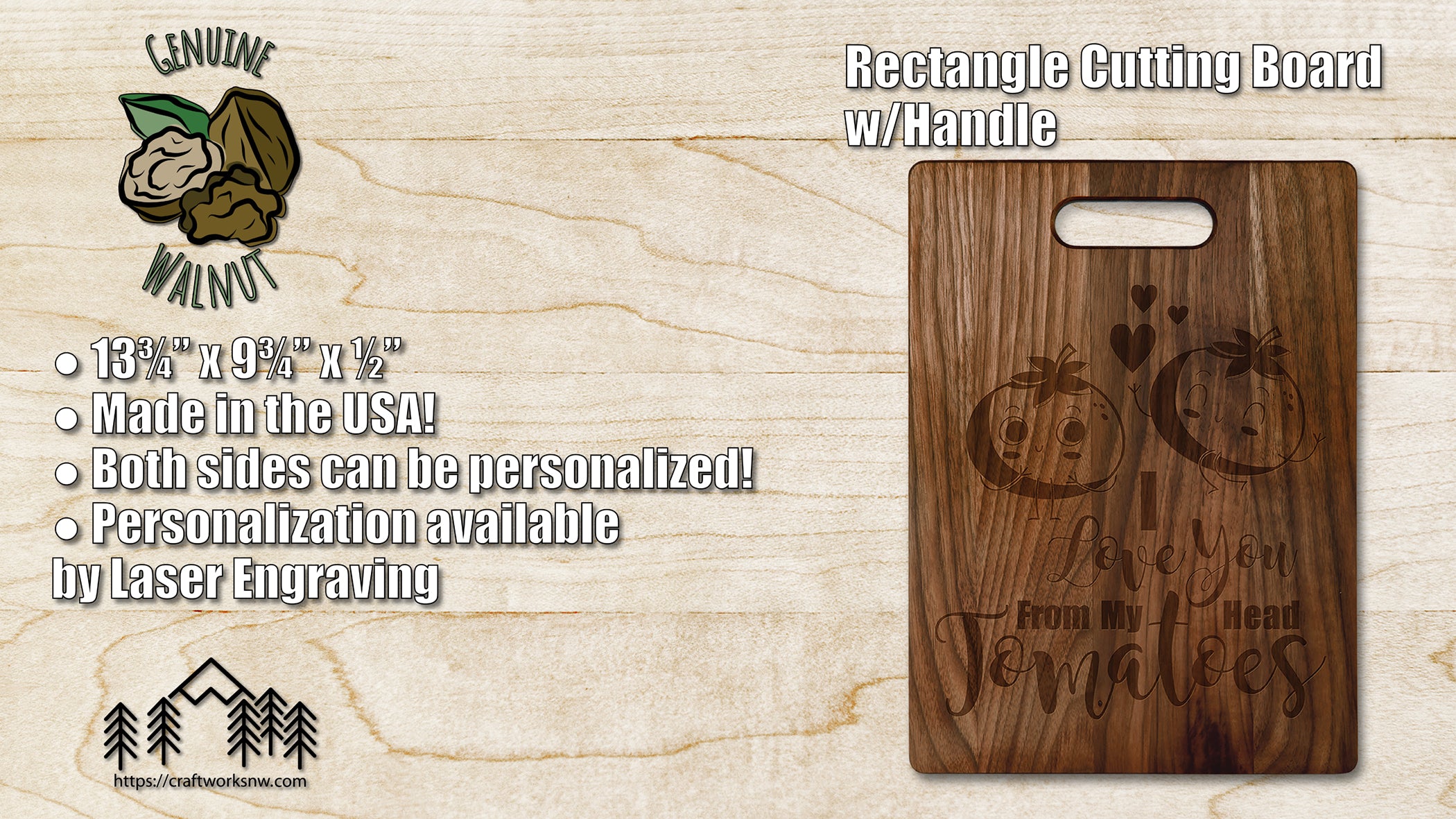 Walnut Cutting Board, 13 3/4" x 9 3/4", Laser Engraved - Craftworks NW, LLC