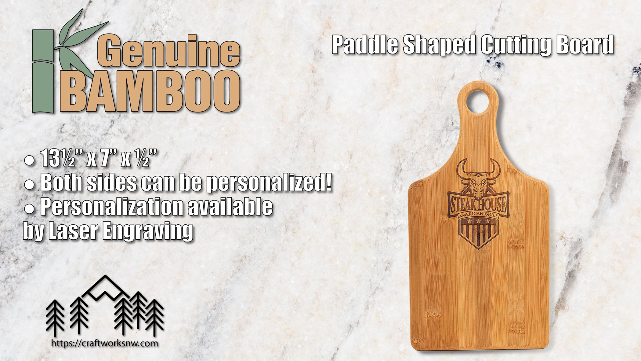 Cutting Board Paddle Shape, Bamboo, 13 1/2" x 7", Laser Engraved - Craftworks NW, LLC