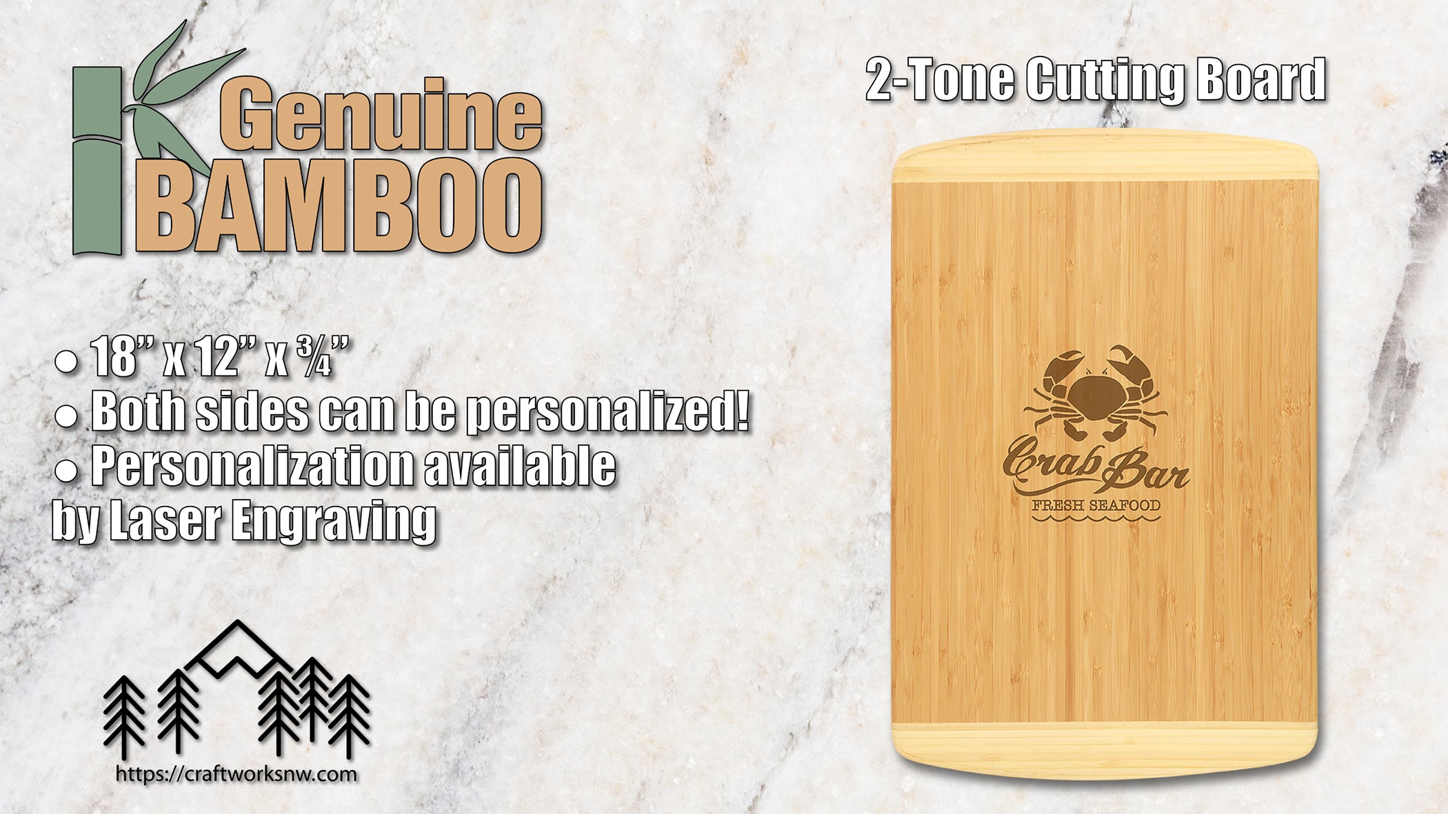 Two Tone Cutting Board, Bamboo, 18" x 12", Laser Engraved - Craftworks NW, LLC