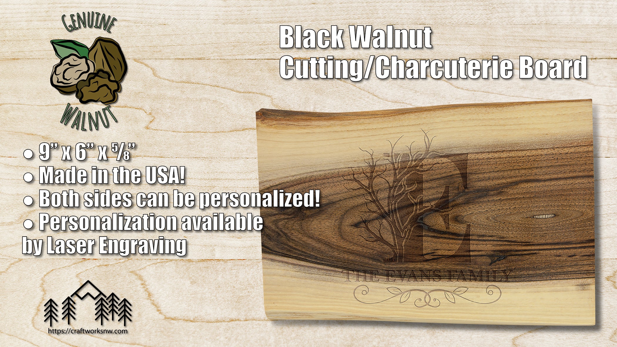 Black Walnut Cutting and Charcuterie Board, 9" x 6", Laser Engraved - Craftworks NW, LLC