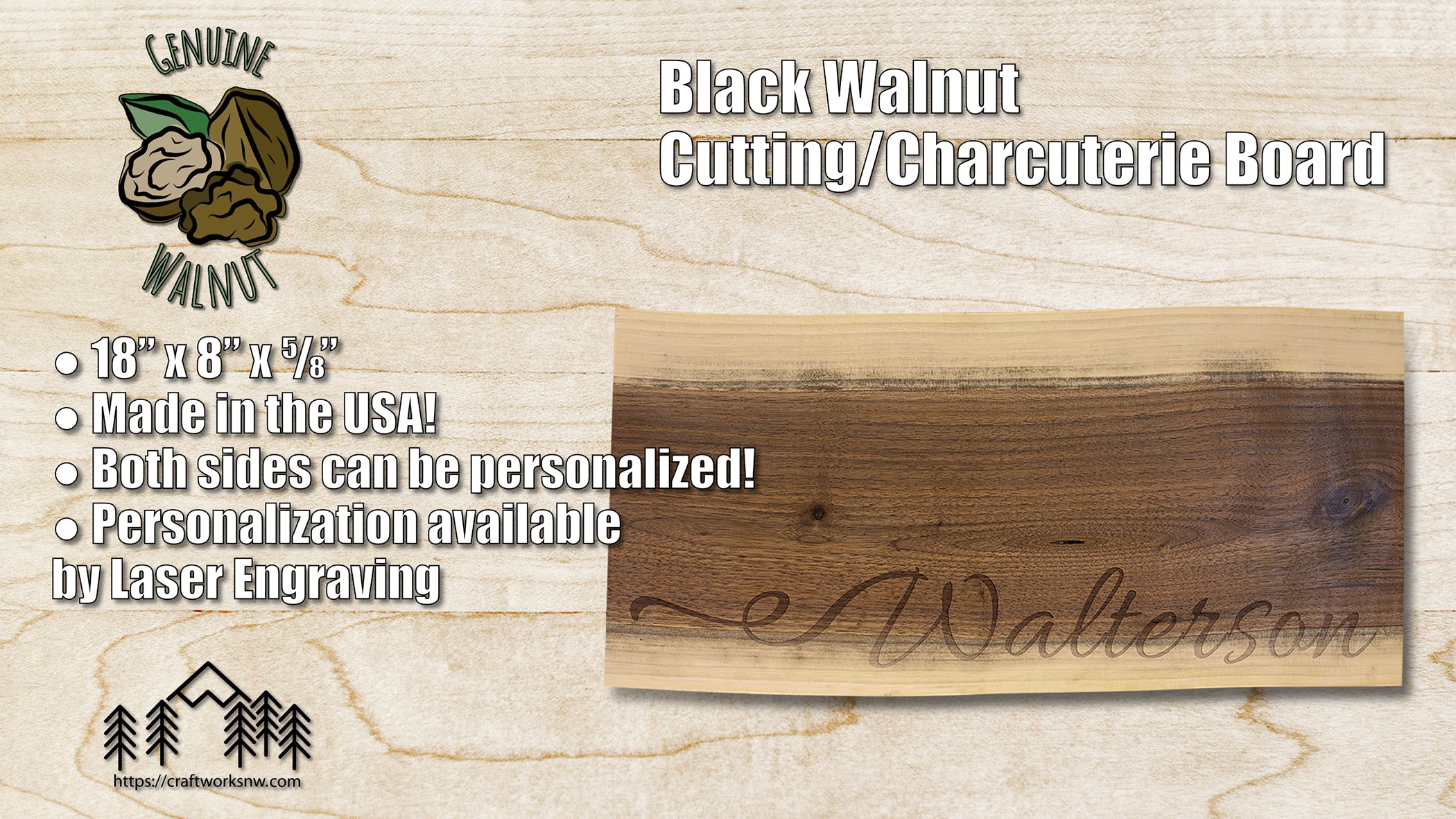 Black Walnut Cutting and Charcuterie Board, 18" x 8", Laser Engraved - Craftworks NW, LLC
