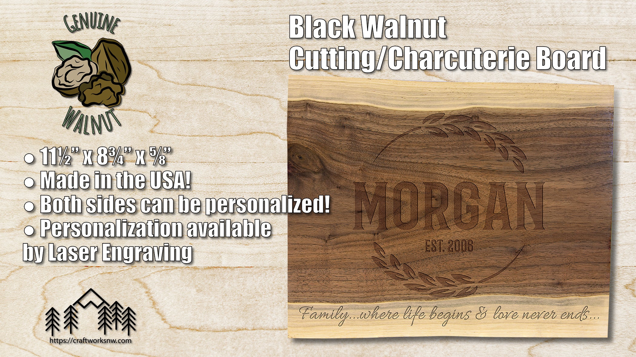 Black Walnut Cutting and Charcuterie Board, 11 1/2" x 8 3/4", Laser Engraved - Craftworks NW, LLC