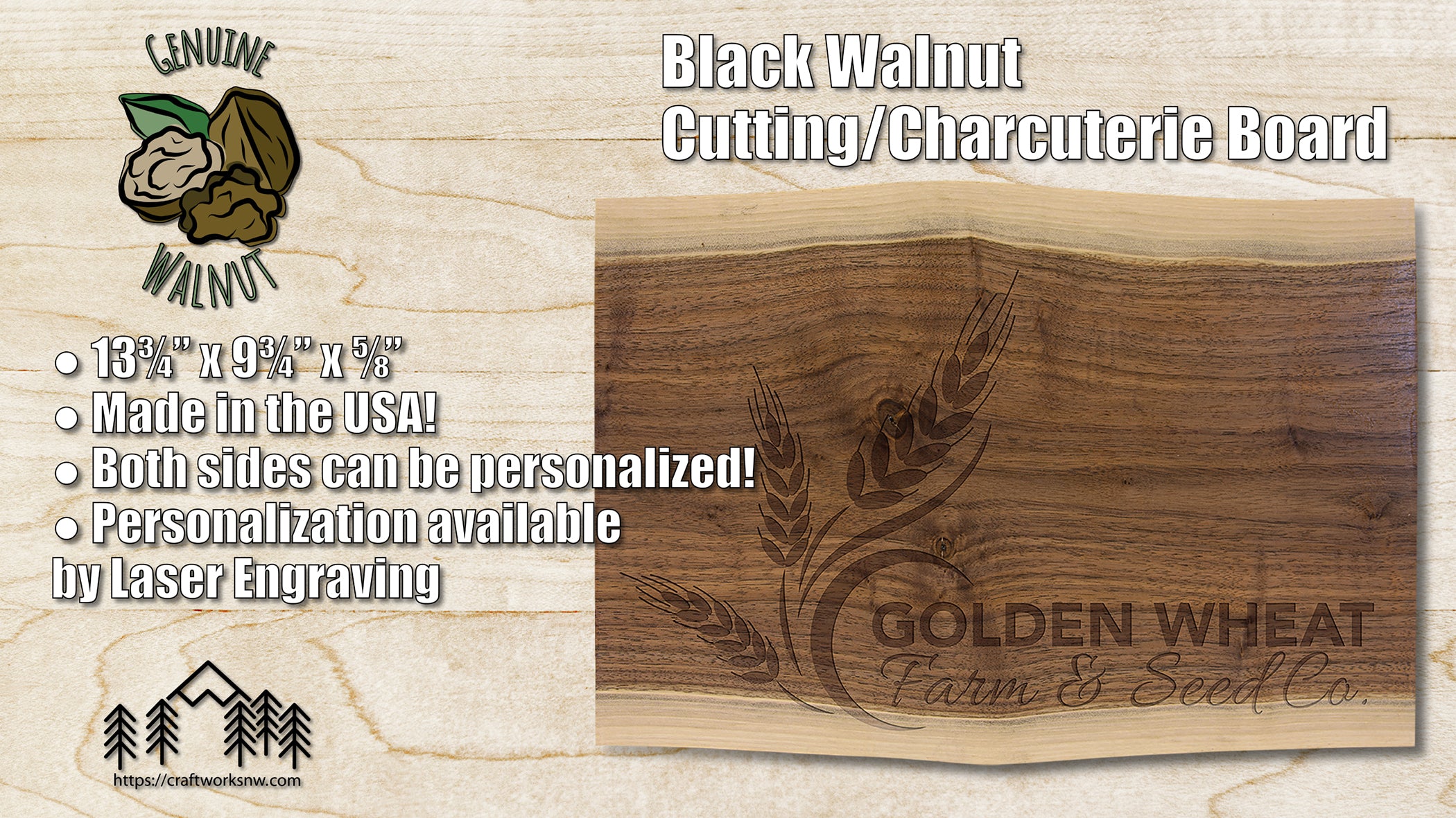 Black Walnut Cutting and Charcuterie Board, 13 3/4" x 9 3/4", Laser Engraved - Craftworks NW, LLC