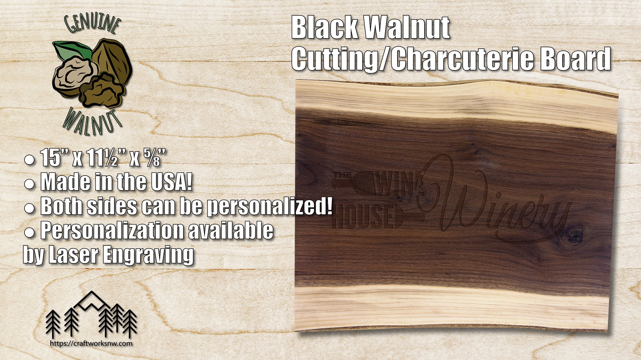 Black Walnut Cutting and Charcuterie Board, 15" x 11 1/2", Laser Engraved - Craftworks NW, LLC