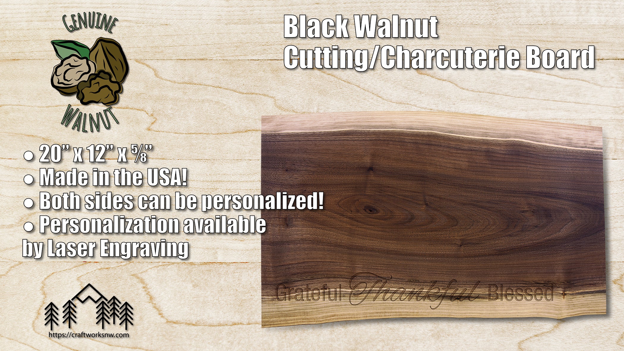 Black Walnut Cutting and Charcuterie Board, 20" x 12", Laser Engraved - Craftworks NW, LLC