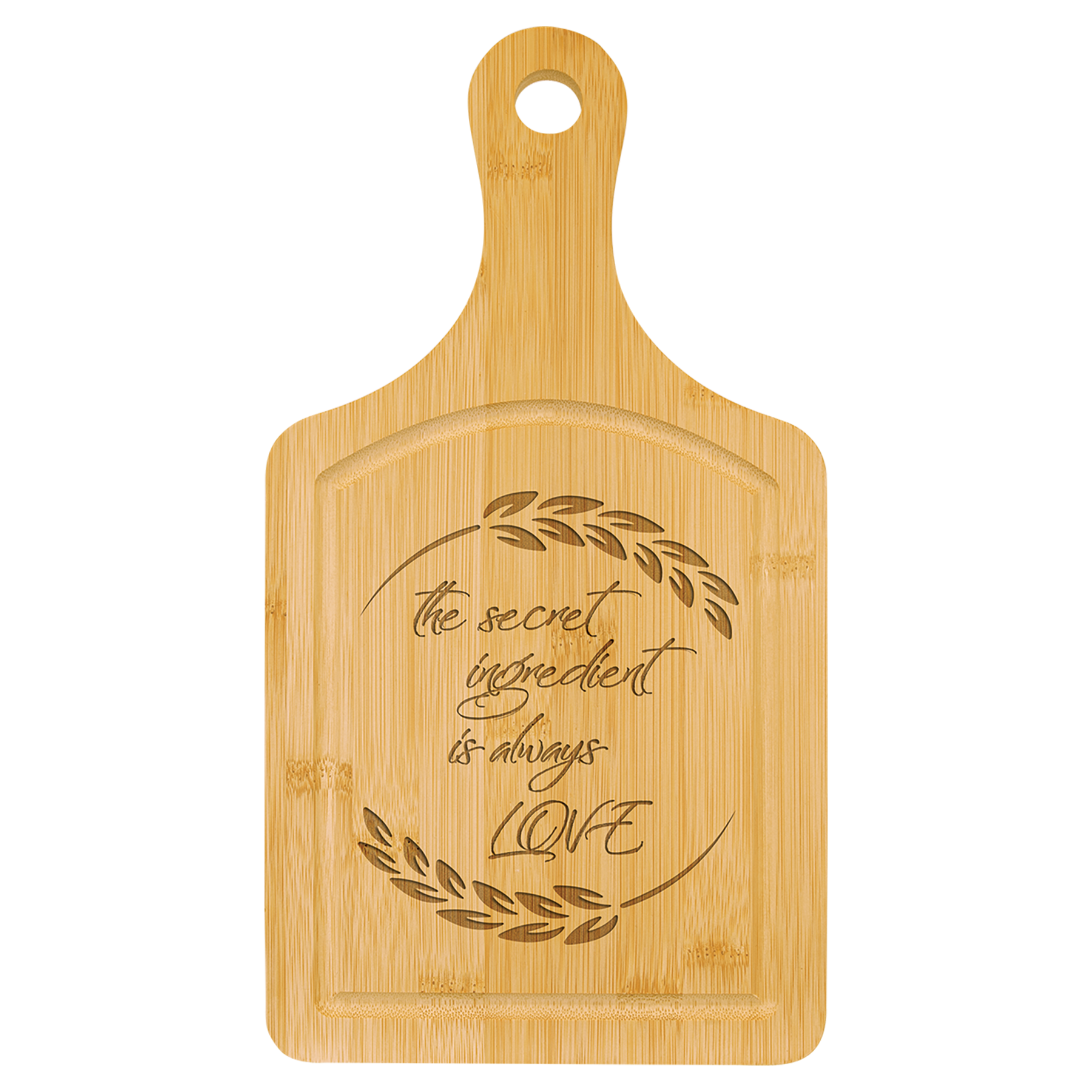 Paddle Shaped Bamboo Cutting Board w/Drip Ring, 13-1/2" x 7", Laser Engraved - Craftworks NW, LLC