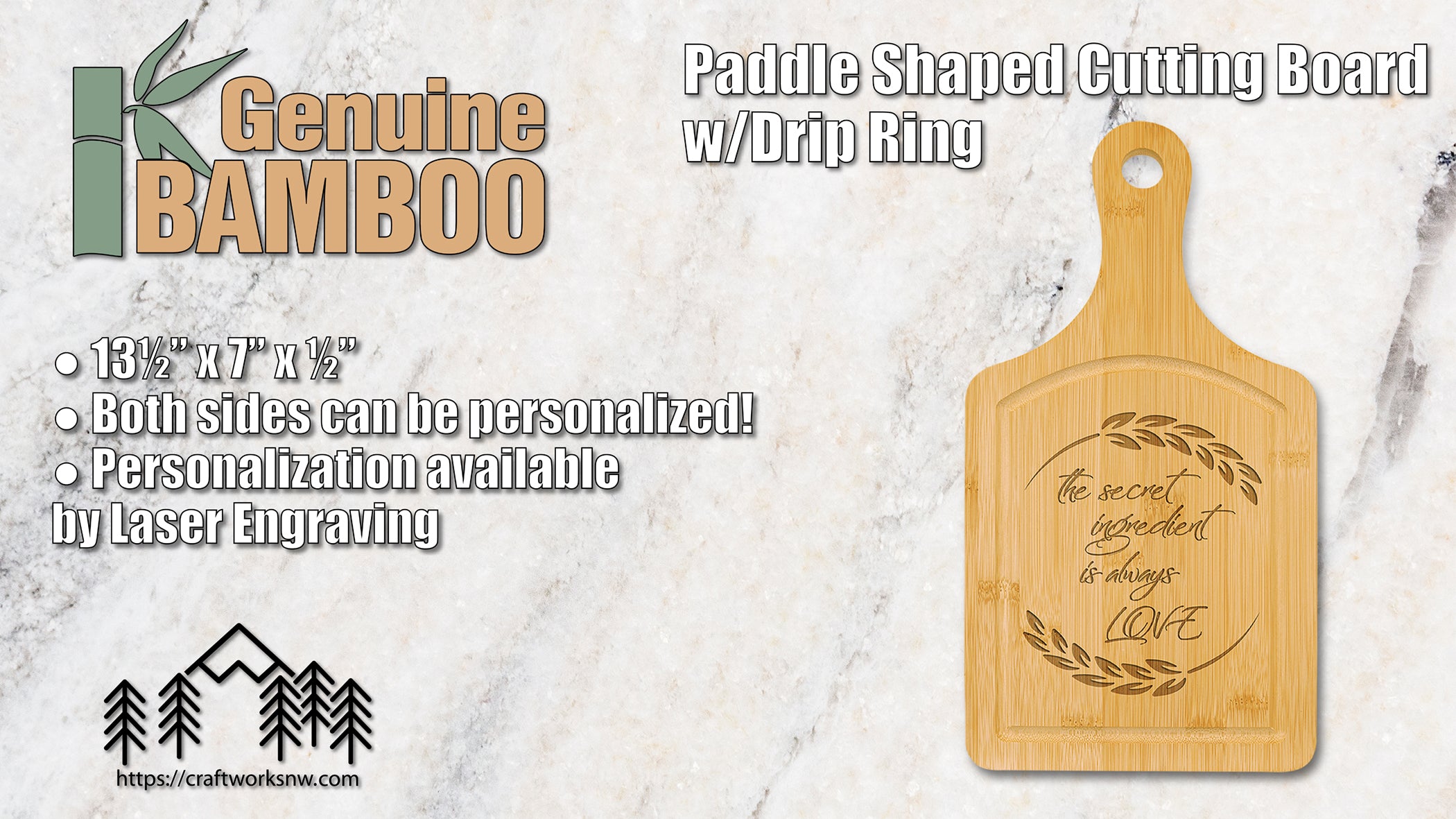 Paddle Shaped Bamboo Cutting Board w/Drip Ring, 13-1/2" x 7", Laser Engraved - Craftworks NW, LLC