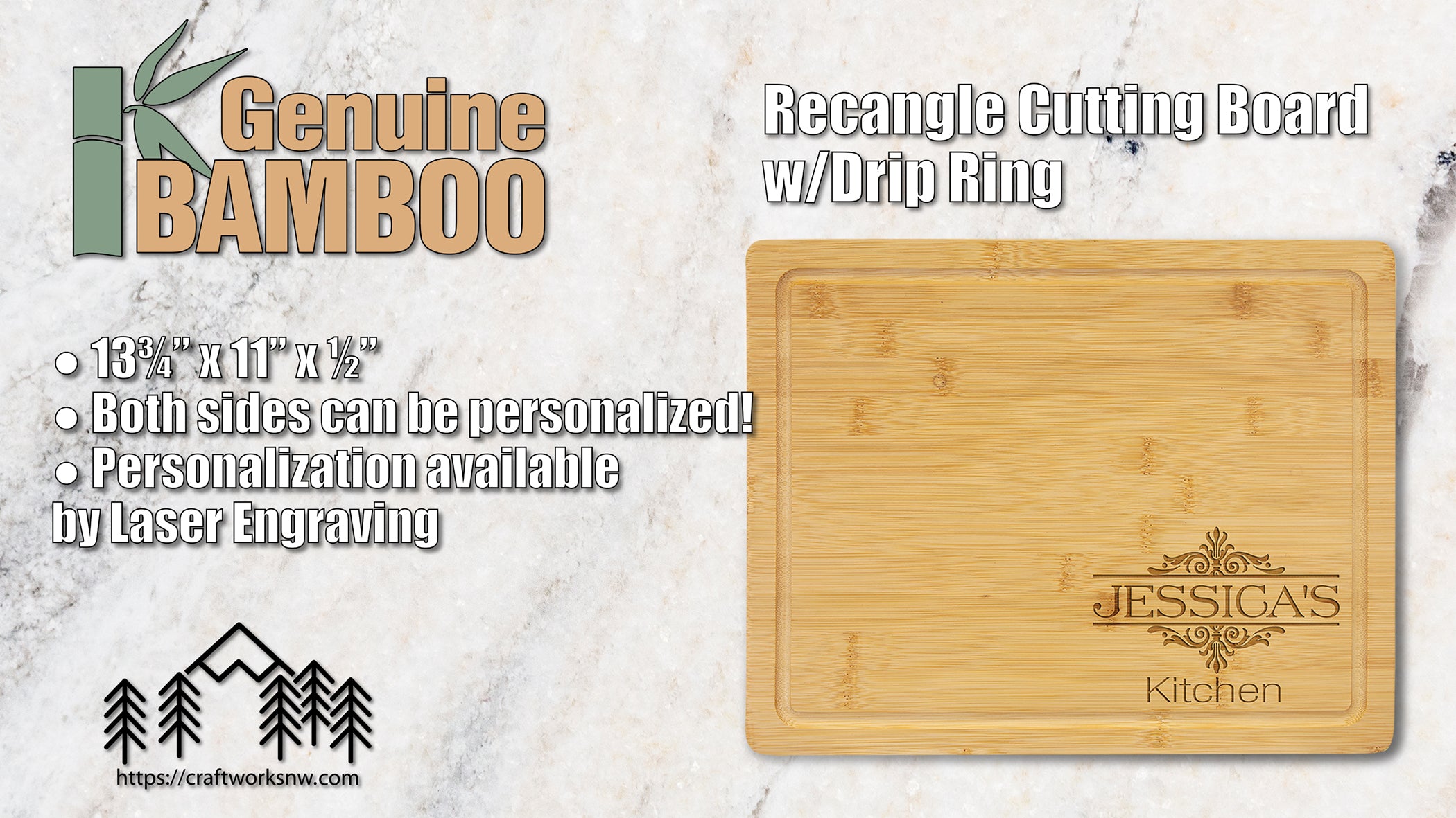 Bamboo Cutting Board w/Drip Ring, 13-3/4" x 11", Laser Engraved - Craftworks NW, LLC