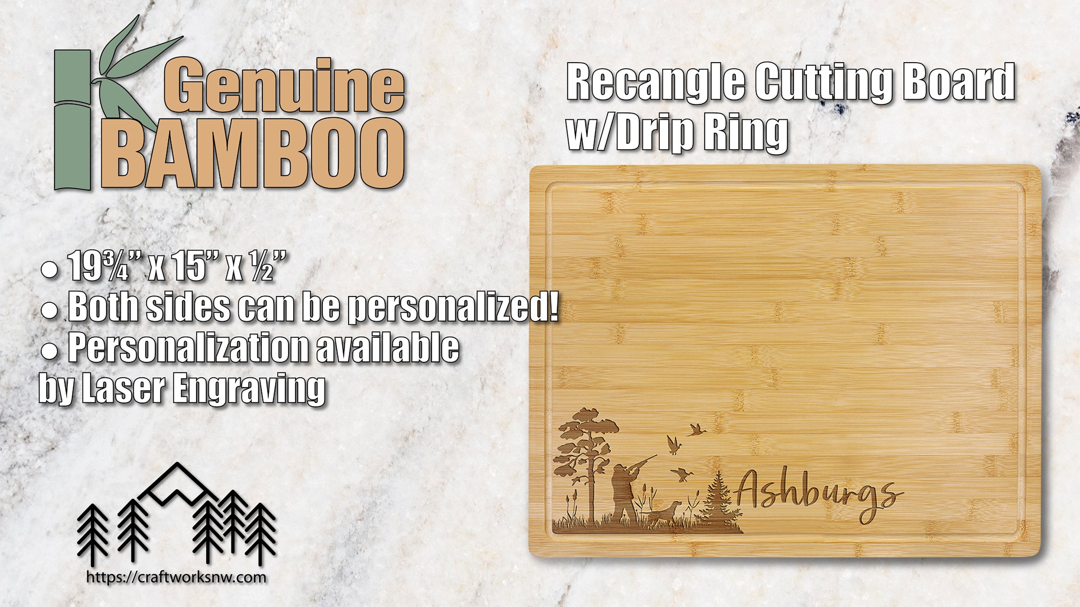 Bamboo Cutting Board w/Drip Ring, 19-3/4" x 15", Laser Engraved - Craftworks NW, LLC