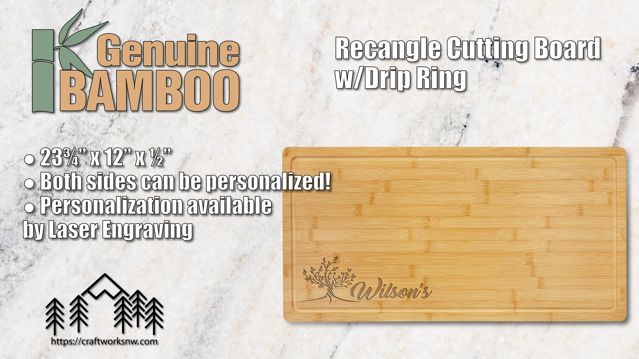 Bamboo Cutting Board w/Drip Ring, 23-3/4" x 12", Laser Engraved - Craftworks NW, LLC