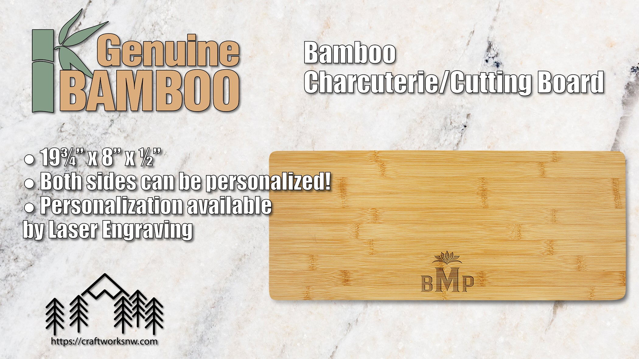 Bamboo Charcuterie Board/Cutting Board, 19-3/4" x 8", Laser Engraved - Craftworks NW, LLC