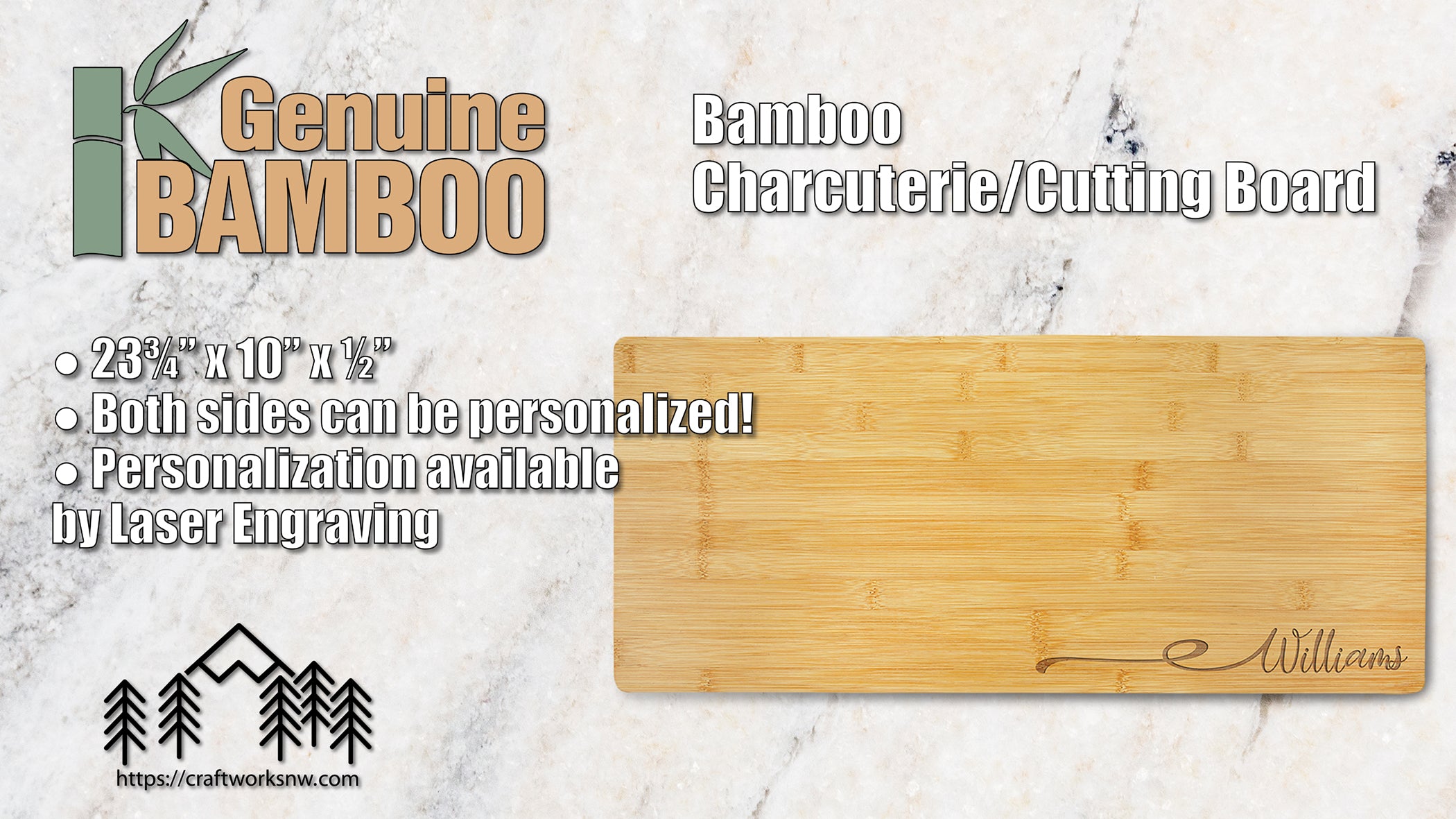 Bamboo Charcuterie Board/Cutting Board, 23-3/4" x 10", Laser Engraved - Craftworks NW, LLC