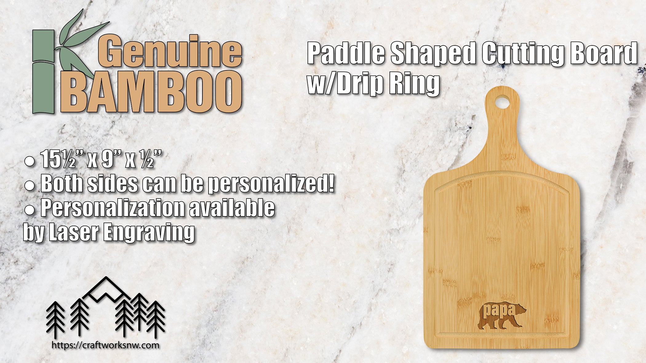 Paddle Shaped Bamboo Cutting Board w/Drip Ring, 15-1/2" x 9", Laser Engraved - Craftworks NW, LLC