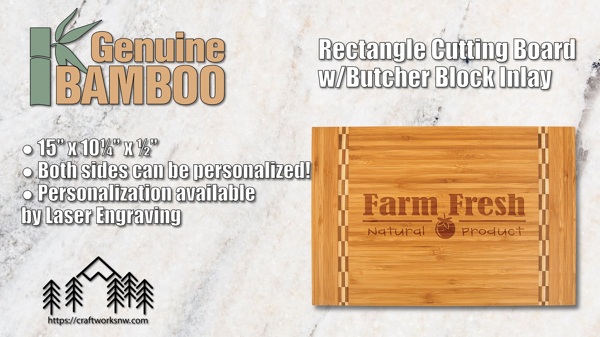 Cutting Board w/Butcher Block Inlay, Bamboo, 15" x 10 1/4", Laser Engraved - Craftworks NW, LLC