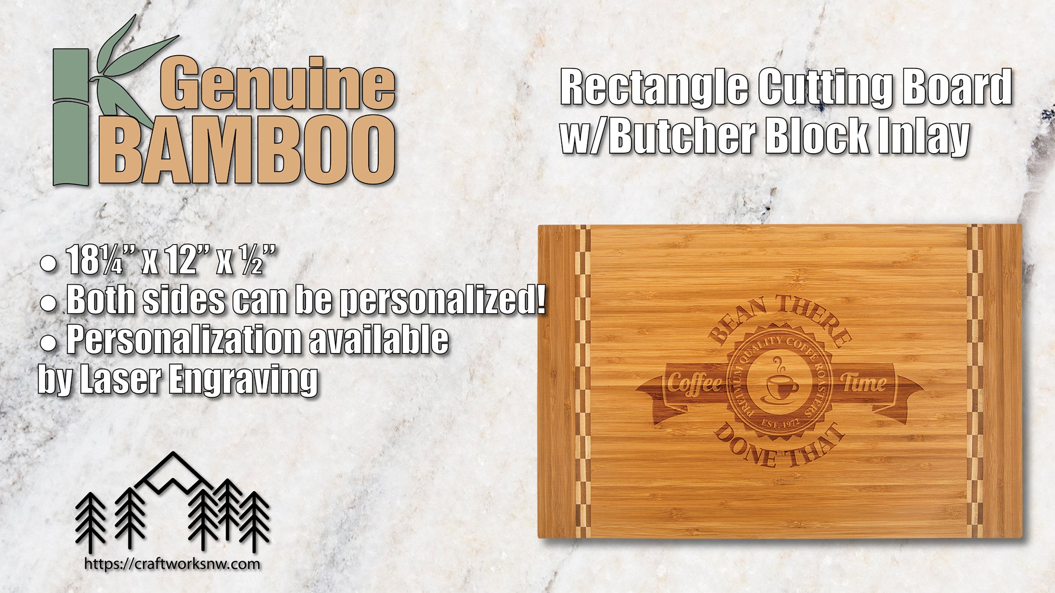 Cutting Board w/Butcher Block Inlay, Bamboo, 18 1/4" x 12", Laser Engraved - Craftworks NW, LLC