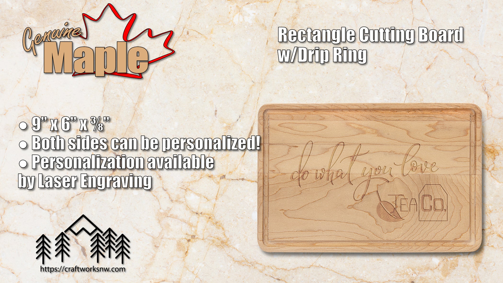 Maple Cutting Board w/Drip Ring, 9" x 6", Laser Engraved - Craftworks NW, LLC