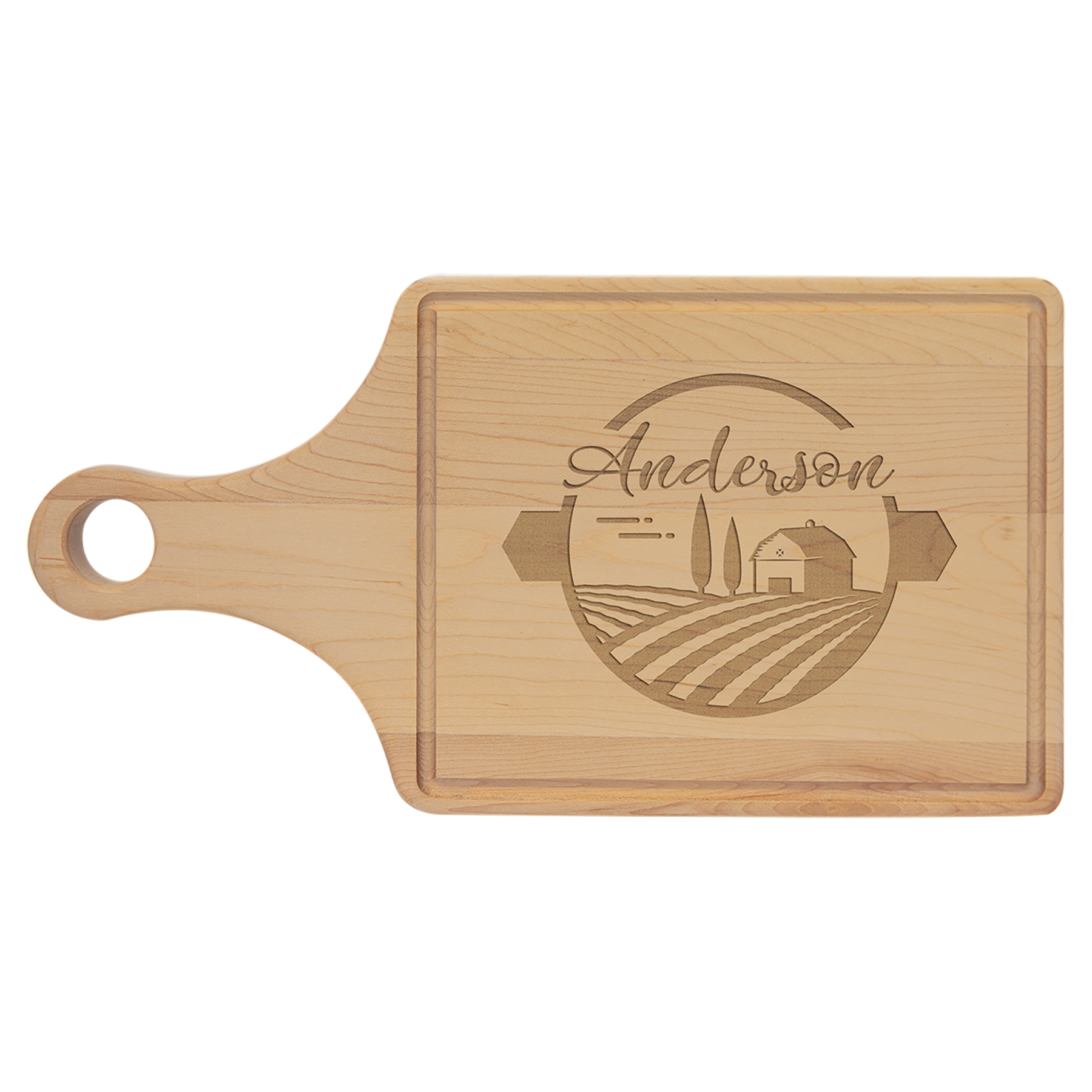 Maple Cutting Board Paddle Shape w/Drip Ring, 13-1/2" x 7", Laser Engraved - Craftworks NW, LLC
