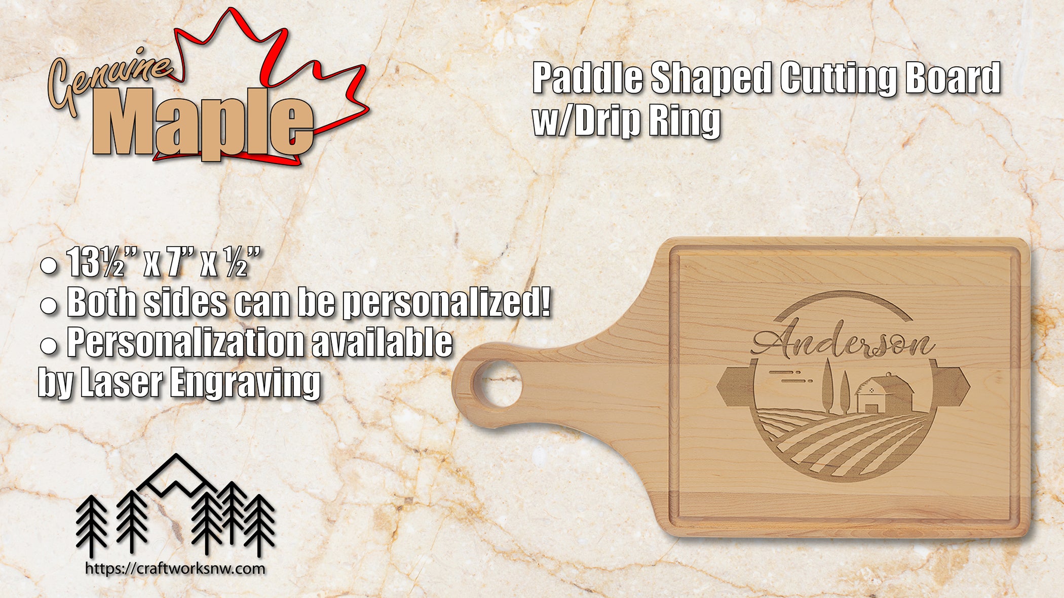 Maple Cutting Board Paddle Shape w/Drip Ring, 13-1/2" x 7", Laser Engraved - Craftworks NW, LLC