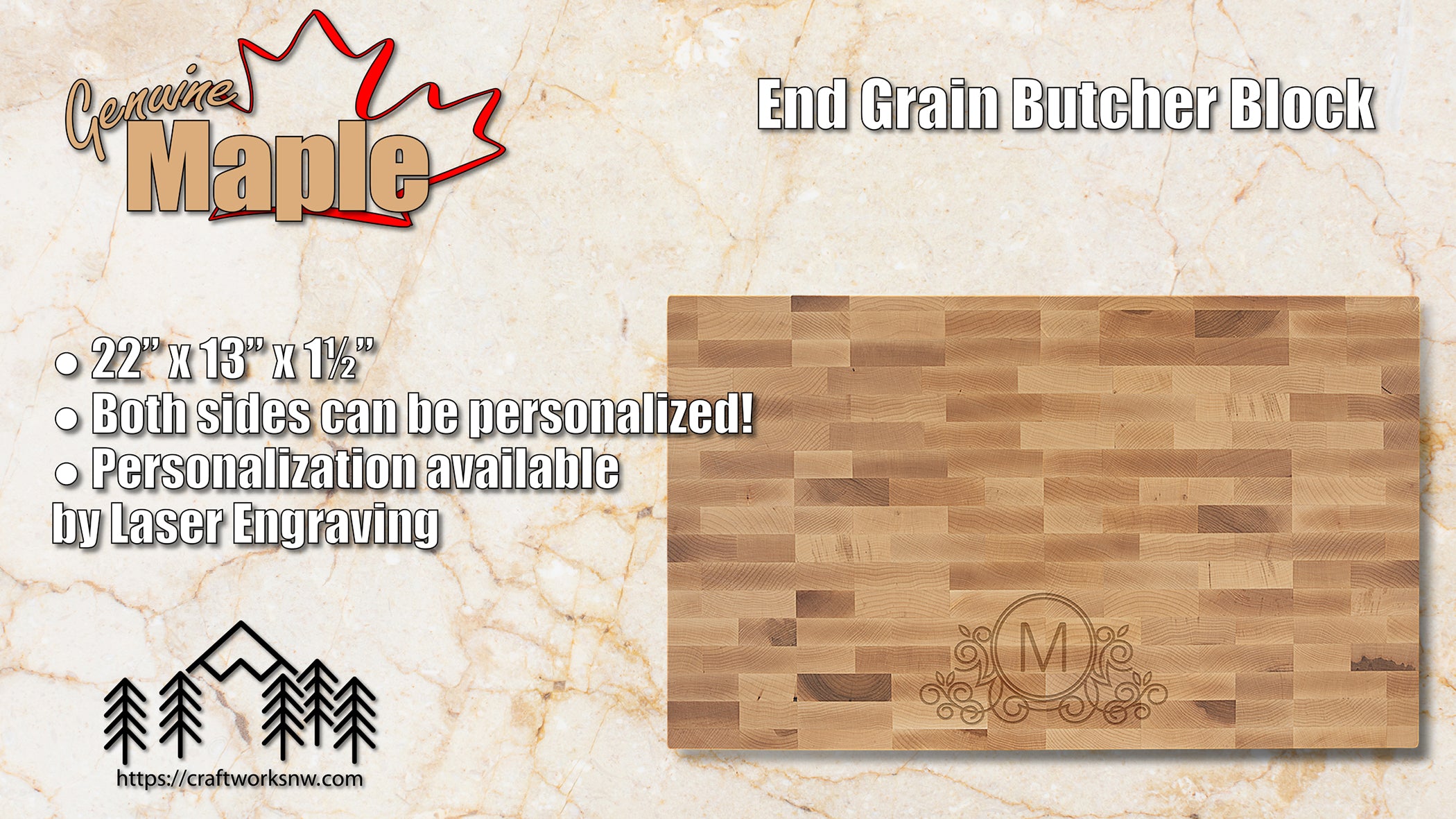 Maple Butcher Block Cutting Board, 22" x 13" x 1-1/2, Laser Engraved - Craftworks NW, LLC