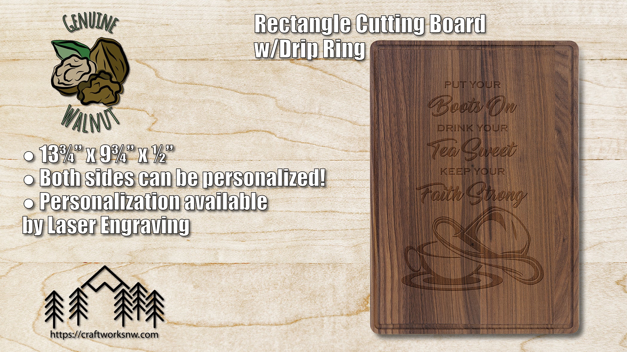 Walnut Cutting Board w/Drip Ring, 13-3/4" x 9", Laser Engraved - Craftworks NW, LLC