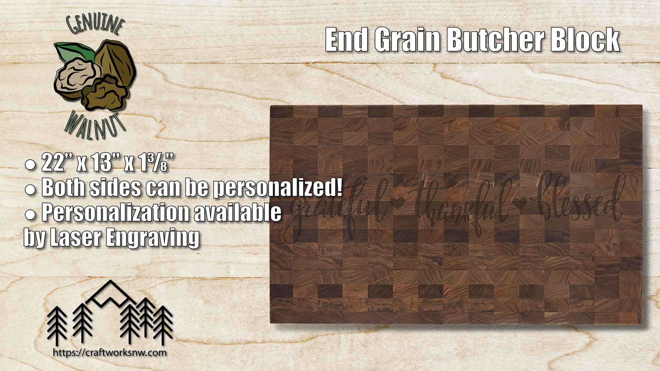 Walnut Butcher Block Cutting Board, 22" x 13" x 1-3/8" - Craftworks NW, LLC