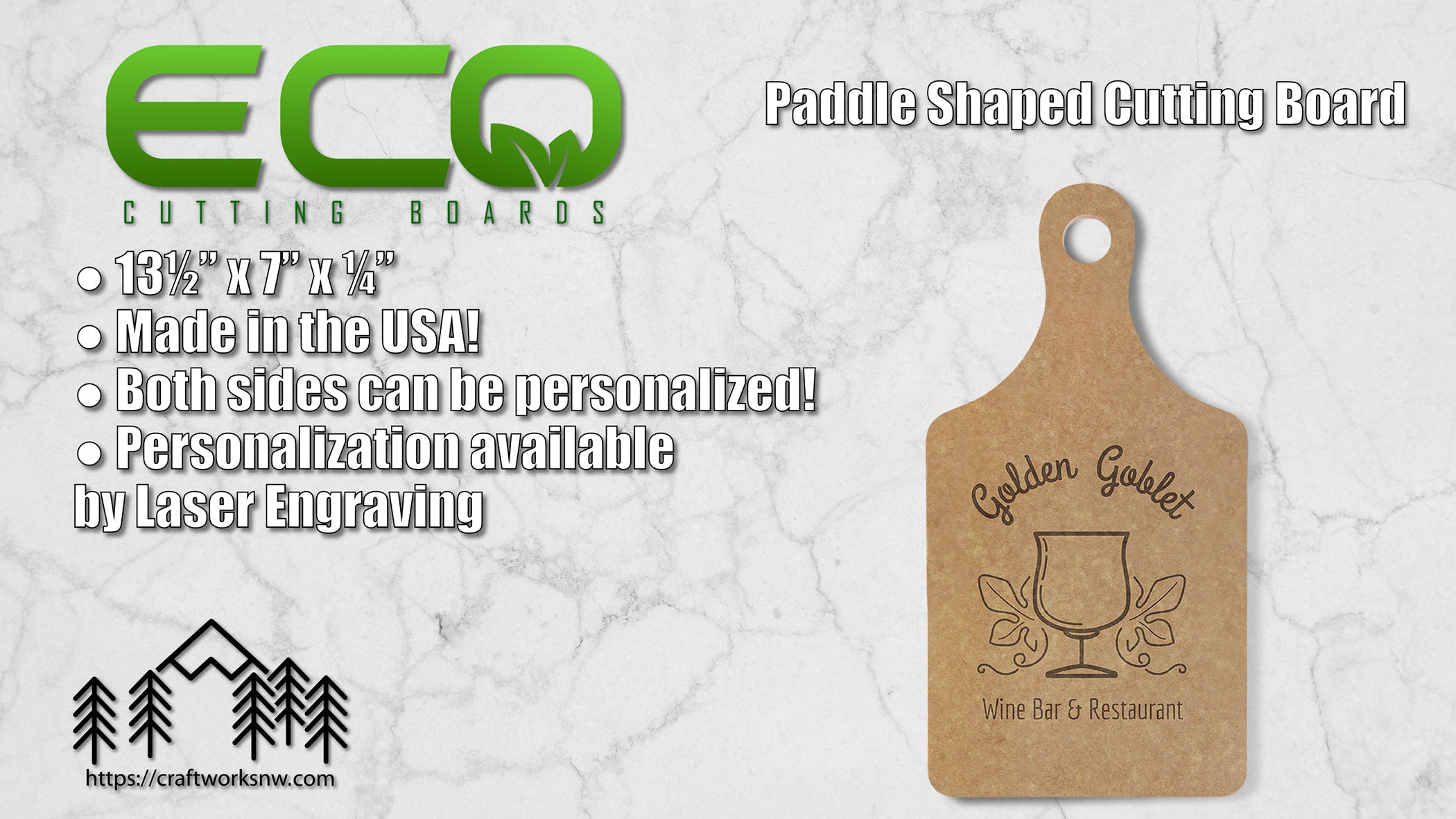 Eco Paddle Shaped Cutting Board, 13 1/2" x 7", Laser Engraved - Craftworks NW, LLC
