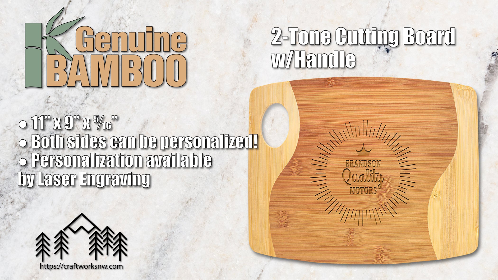 Two Tone Cutting Board w/Handle, Bamboo, 11" x 9", Laser Engraved - Craftworks NW, LLC