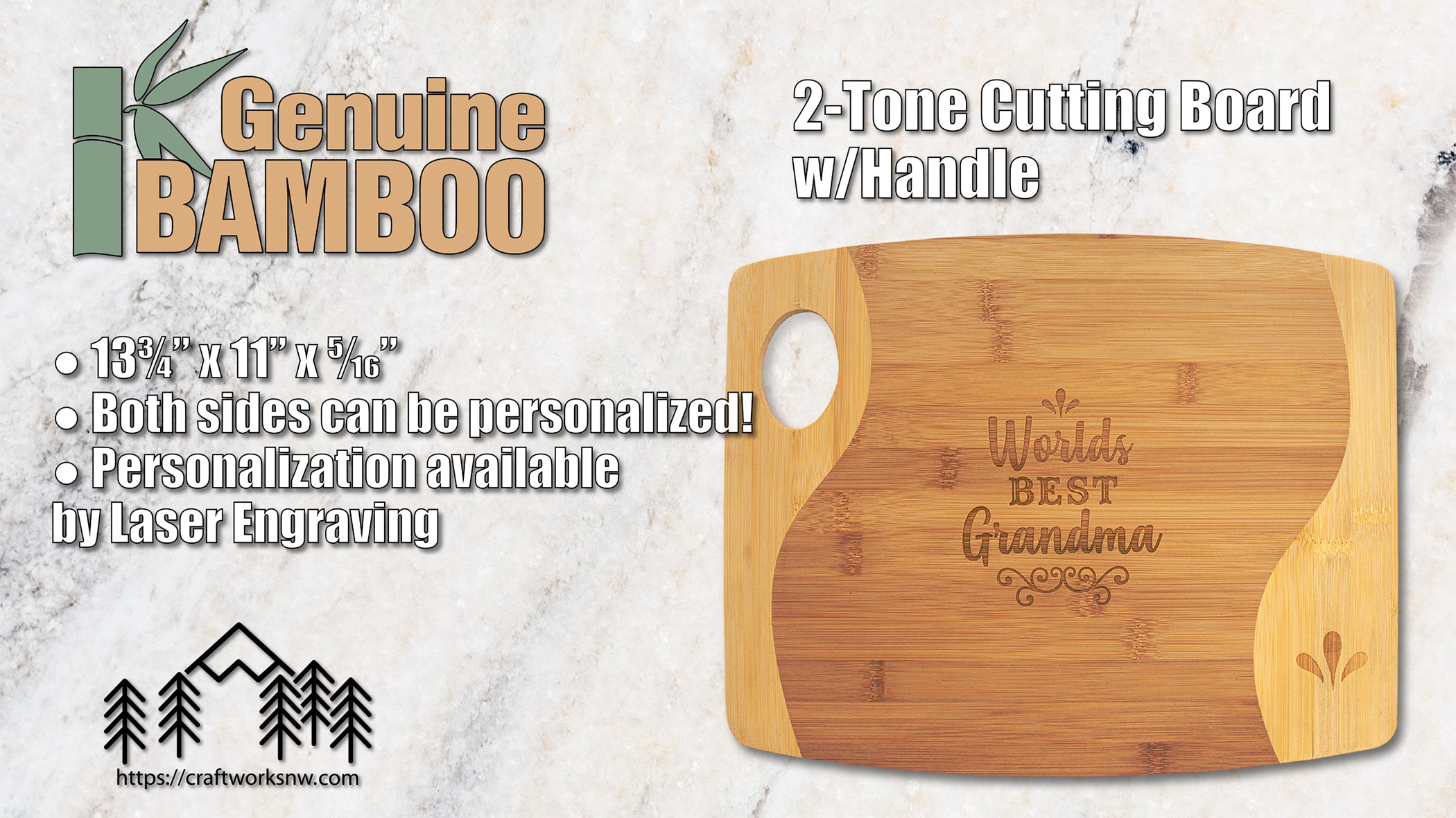 Two Tone Cutting Board w/Handle, Bamboo, 13 3/4" x 11", Laser Engraved - Craftworks NW, LLC