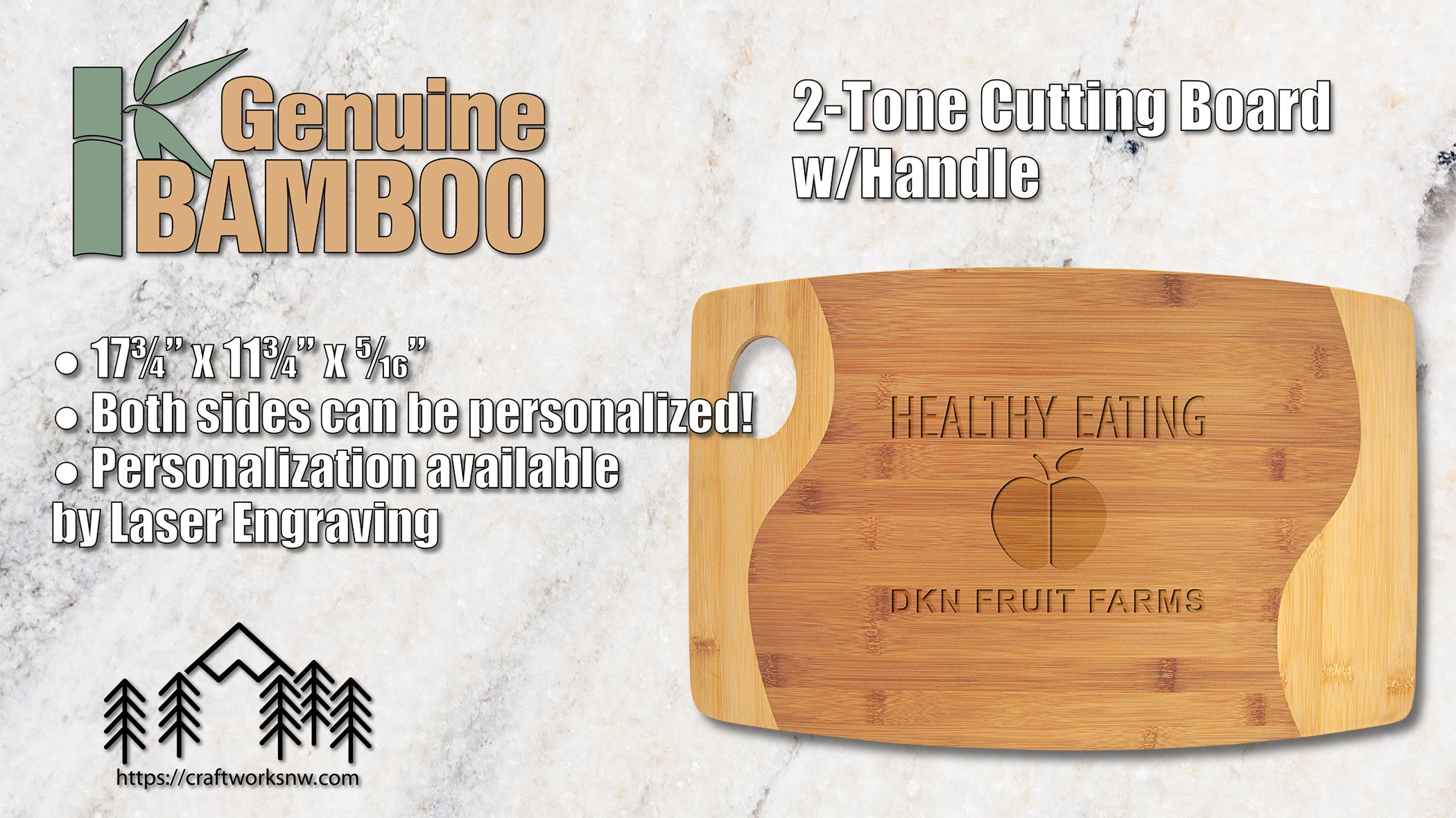 Two Tone Cutting Board w/Handle, Bamboo, 17 3/4" x 11 3/4", Laser Engraved - Craftworks NW, LLC